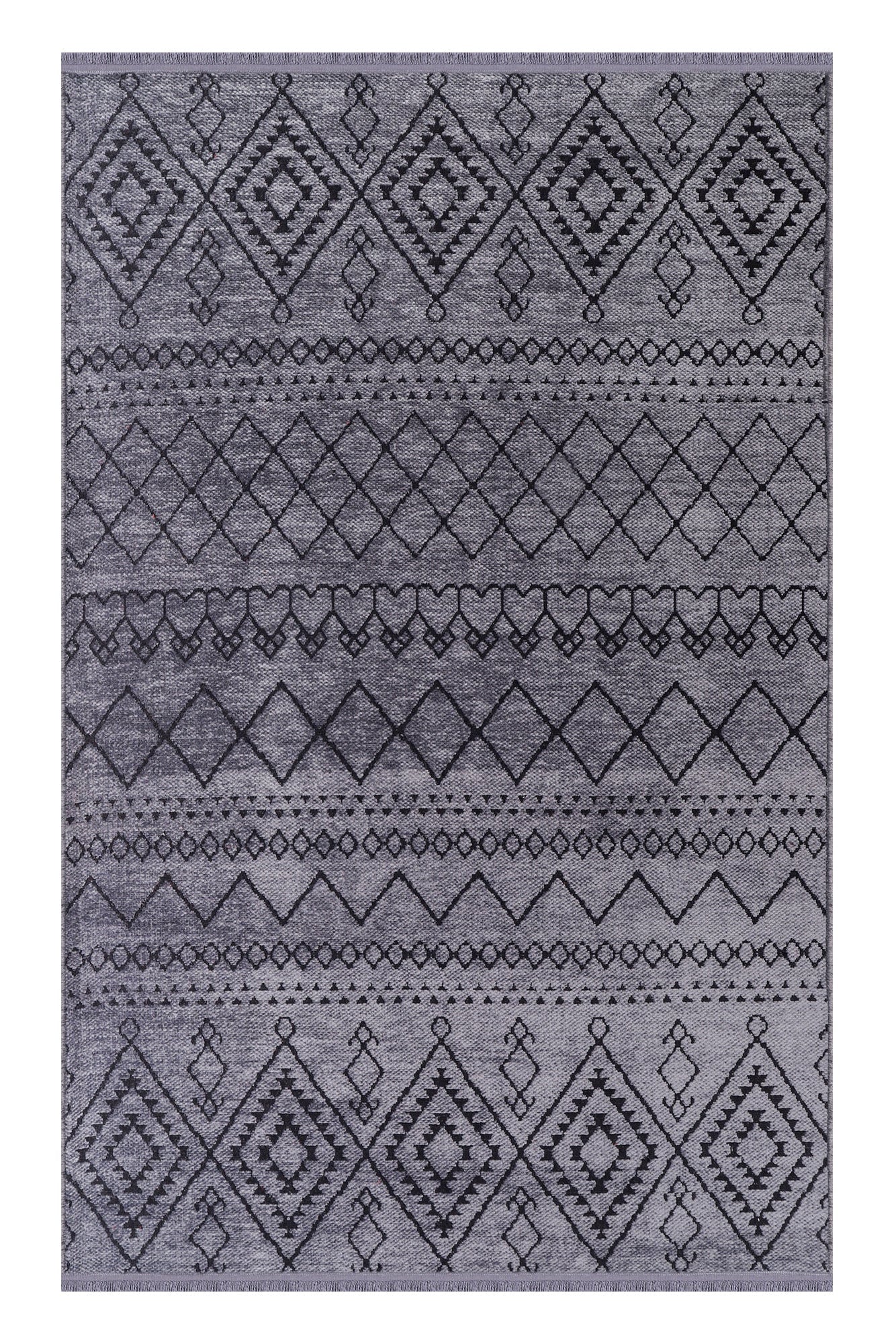 Gray area rug with geometric pattern on a white background
