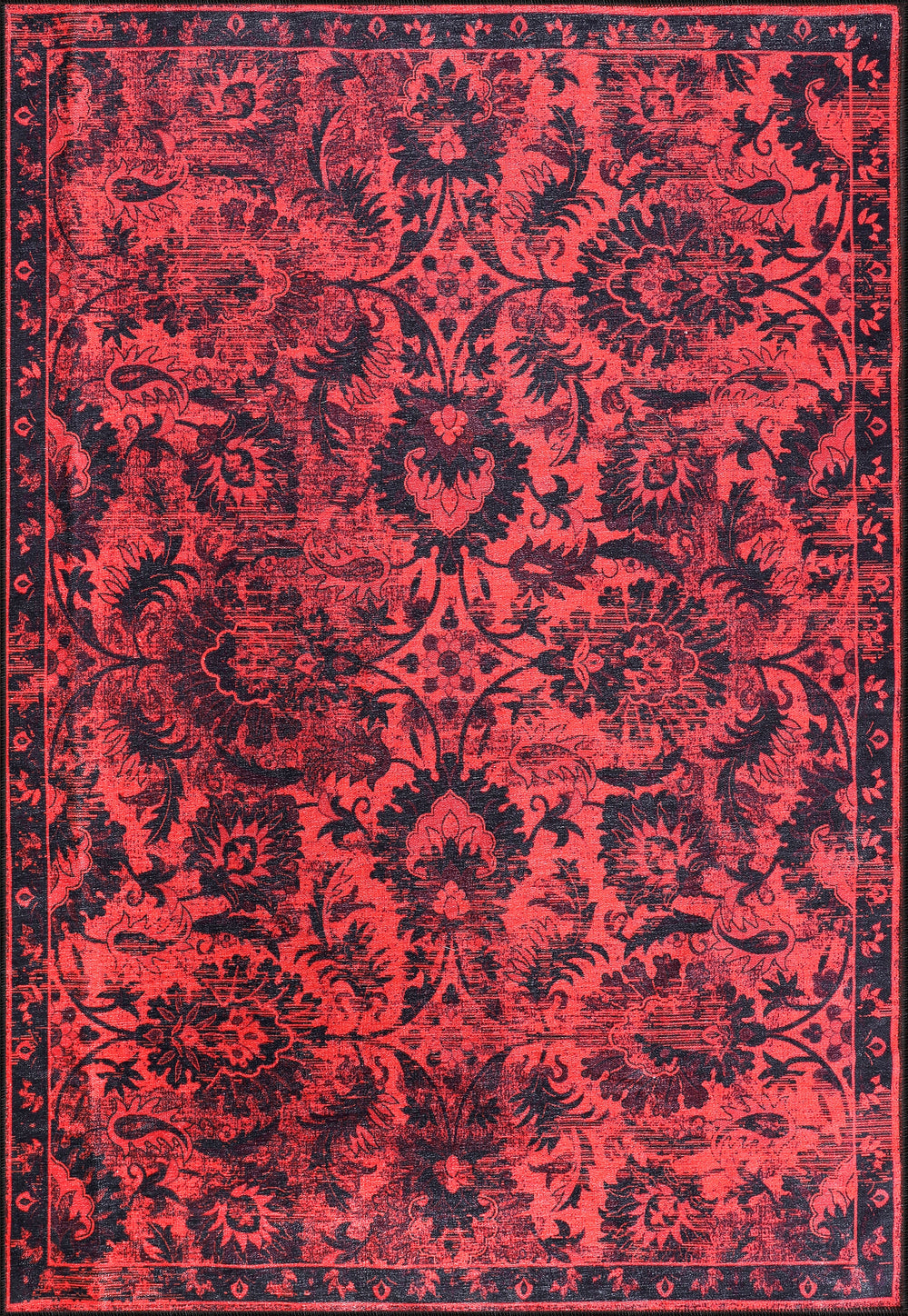 Red vintage floral washable rug by Netline Home, damask-inspired oriental carpet for living room, bedroom, or dining area.