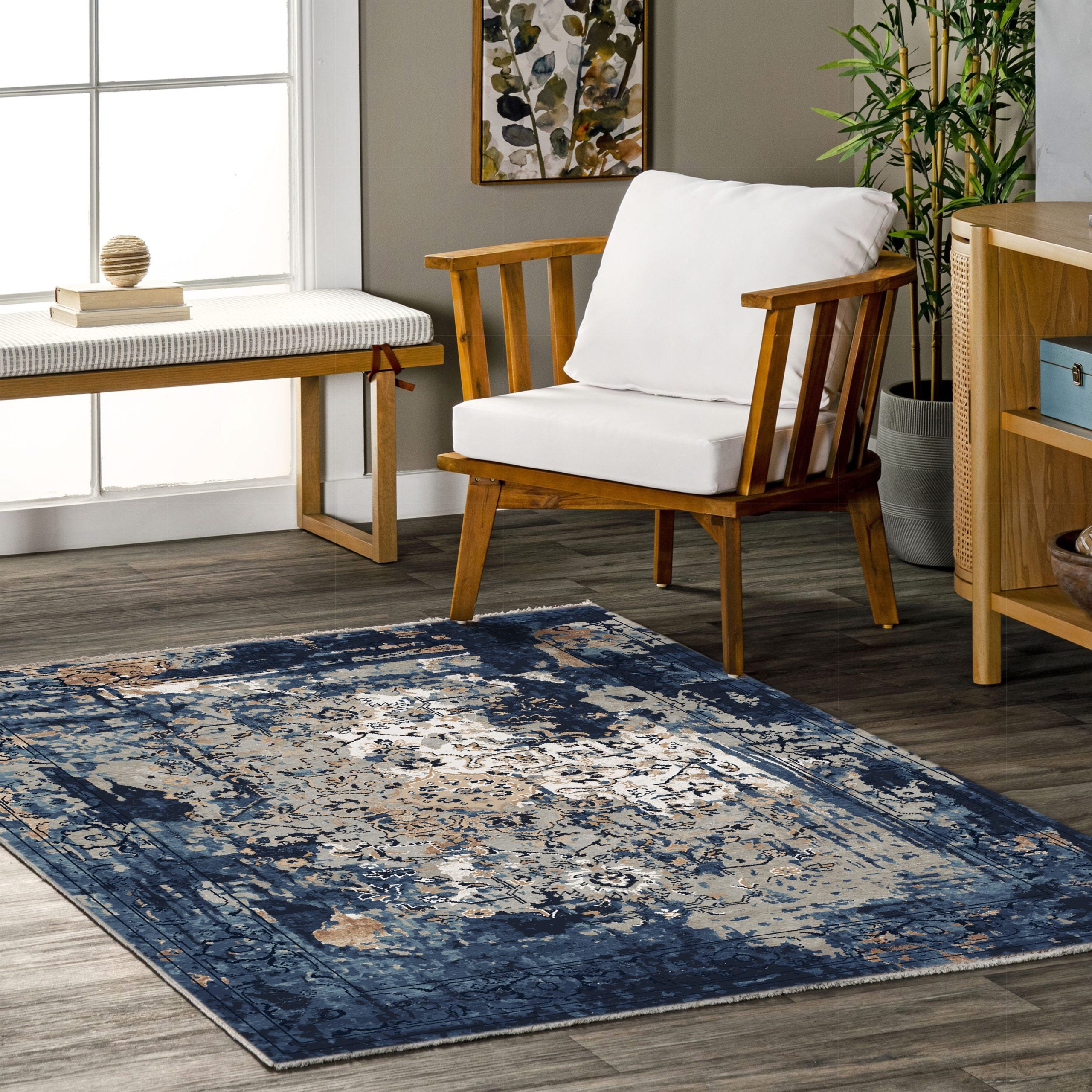 Netline Home Blue Navy Vintage Machine Washable Chenille Rug Design NH7023 - Gallery Image 5 - Netline Home