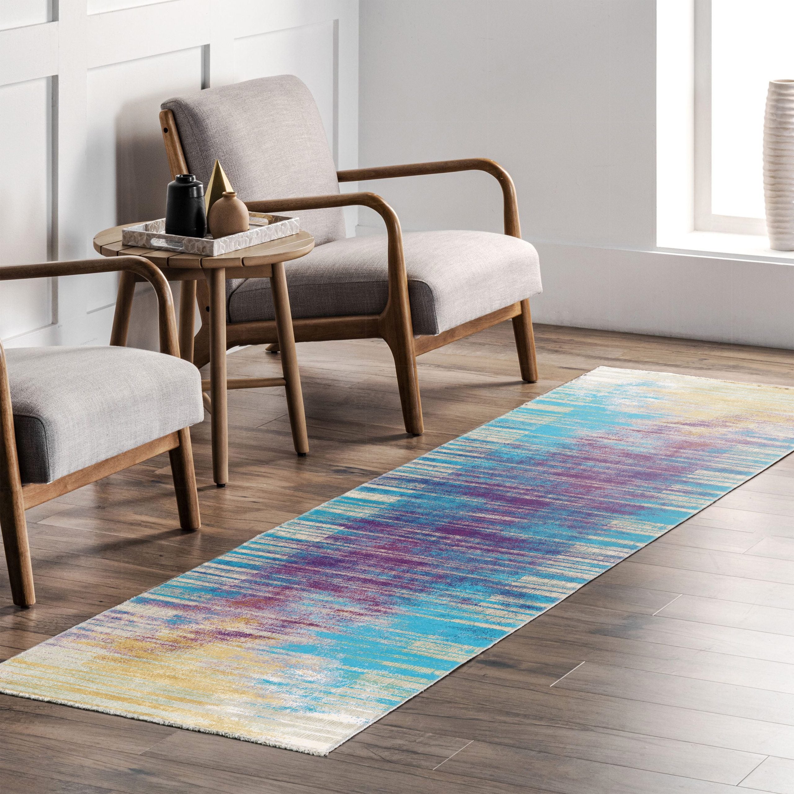 Netline Home Lilac Purple Blue Navy Yellow Gold Modern Machine Washable Chenille Rug Design NH7042 - Gallery Image 7 - Netline Home