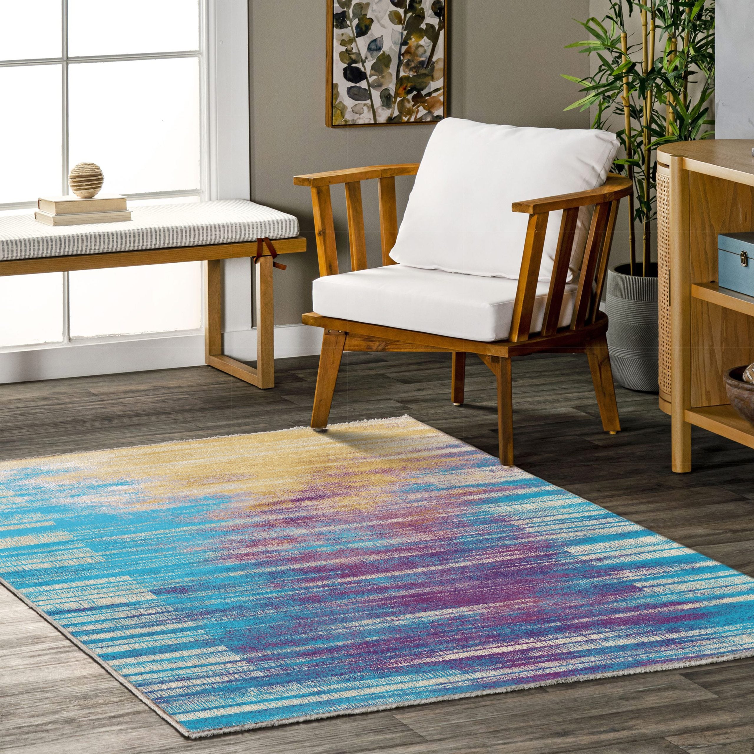 Netline Home Lilac Purple Blue Navy Yellow Gold Modern Machine Washable Chenille Rug Design NH7042 - Gallery Image 5 - Netline Home