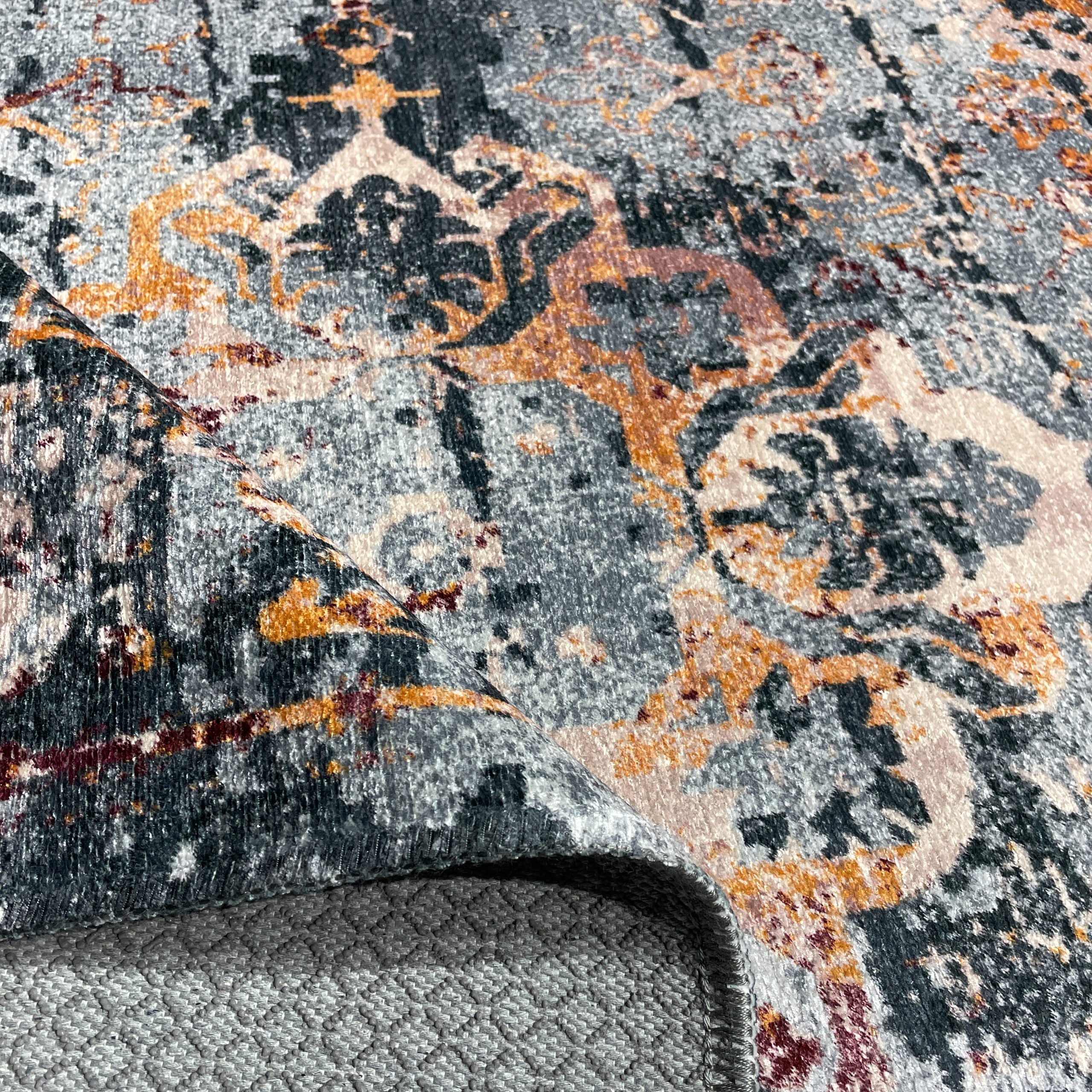 Netline Home Gray Silver Orange Terracotta Classic Vintage Machine Washable Chenille Rug Design NH7027 - Gallery Image 4 - Netline Home