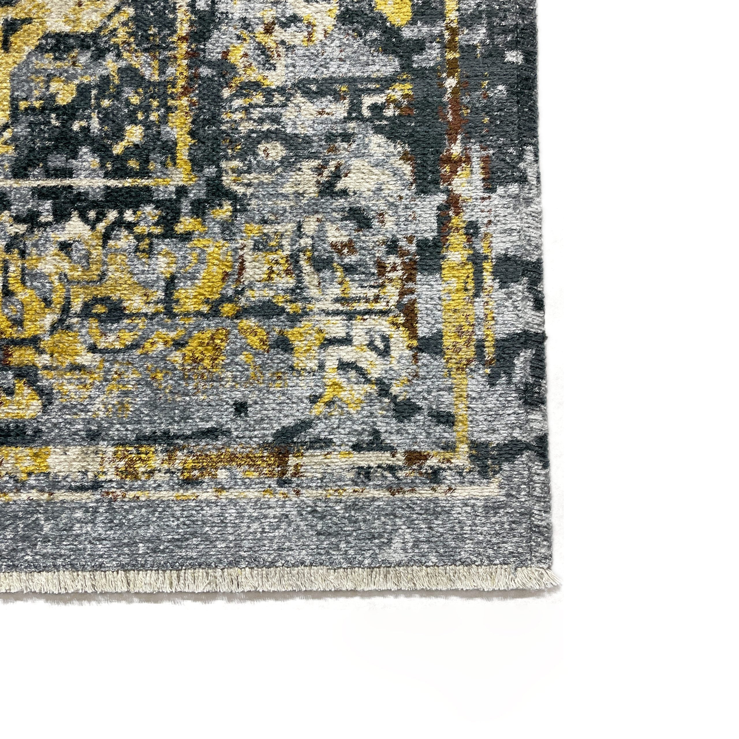 Netline Home Gray Silver Yellow Gold Classic Vintage Machine Washable Chenille Rug Design NH7028 - Detailed Photoshoot - Netline Home