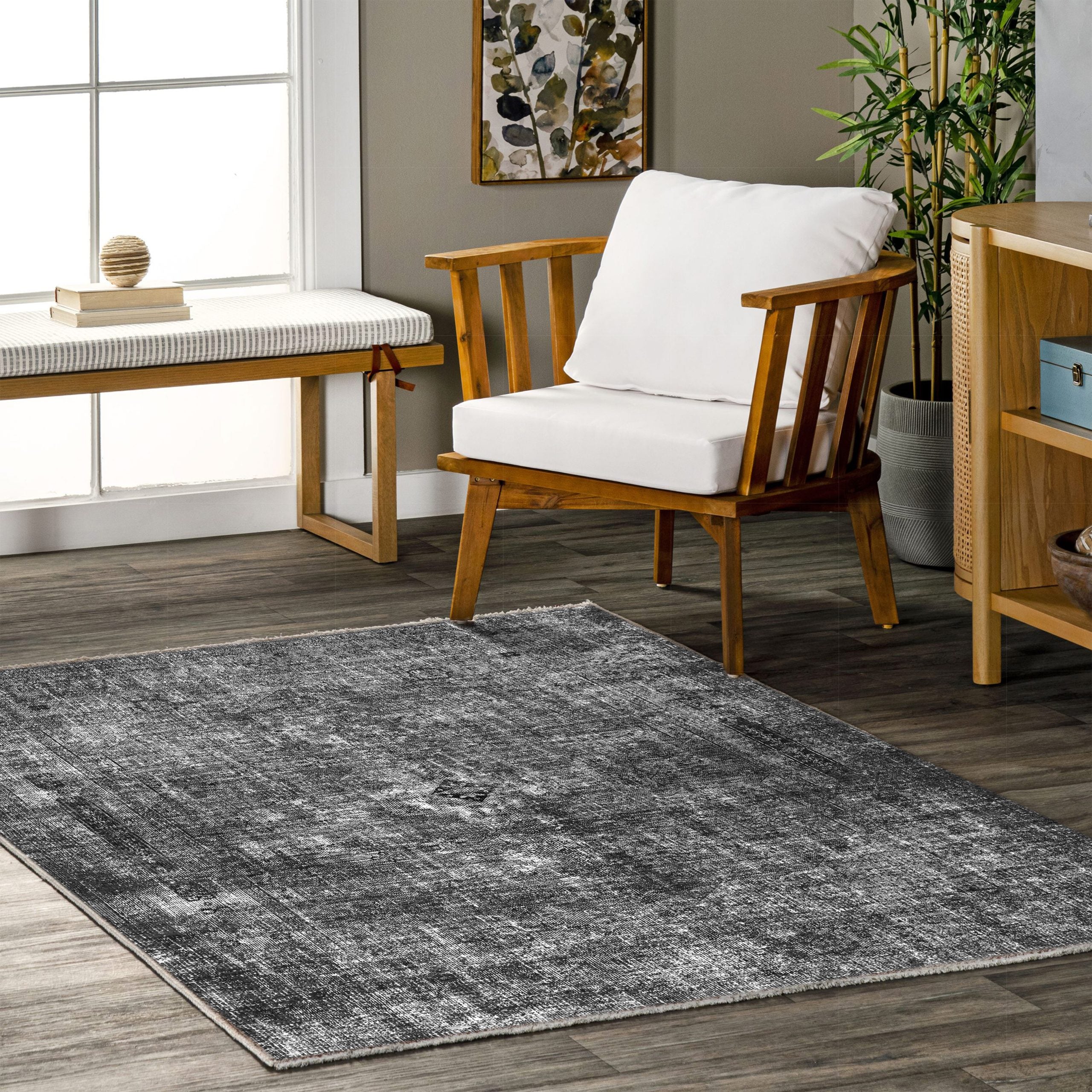 Netline Home Black Anthracite Vintage Machine Washable Chenille Rug Design NH7034 - Gallery Image 5 - Netline Home
