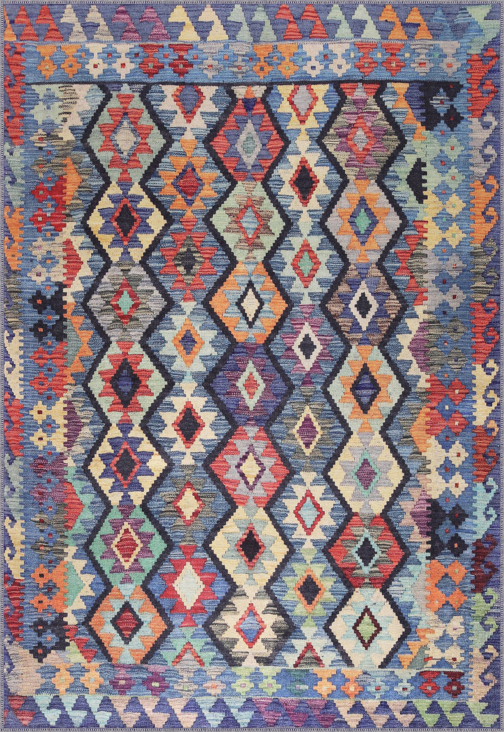 Multicolor tribal diamond geometric kilim rug by Netline Home, machine washable, suitable for living room, bedroom, or dining area.