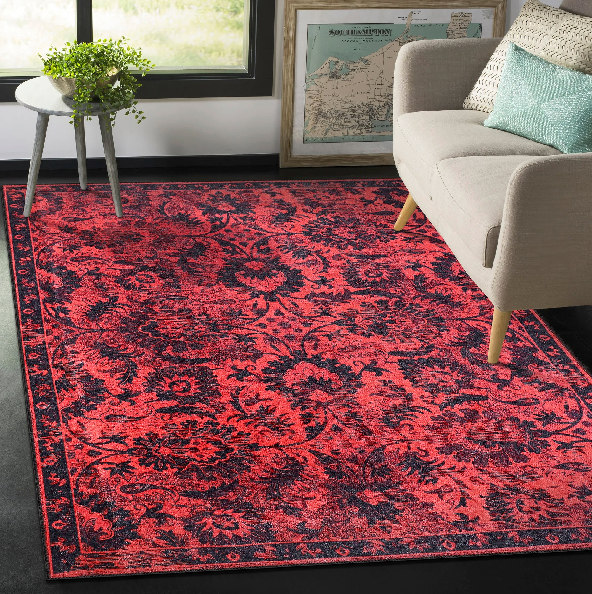 Netline Home Rugs Depot RW1010 – Machine Washable Red Vintage Floral Rug | Damask-Inspired Oriental Carpet for Living Room, Bedroom & Dining