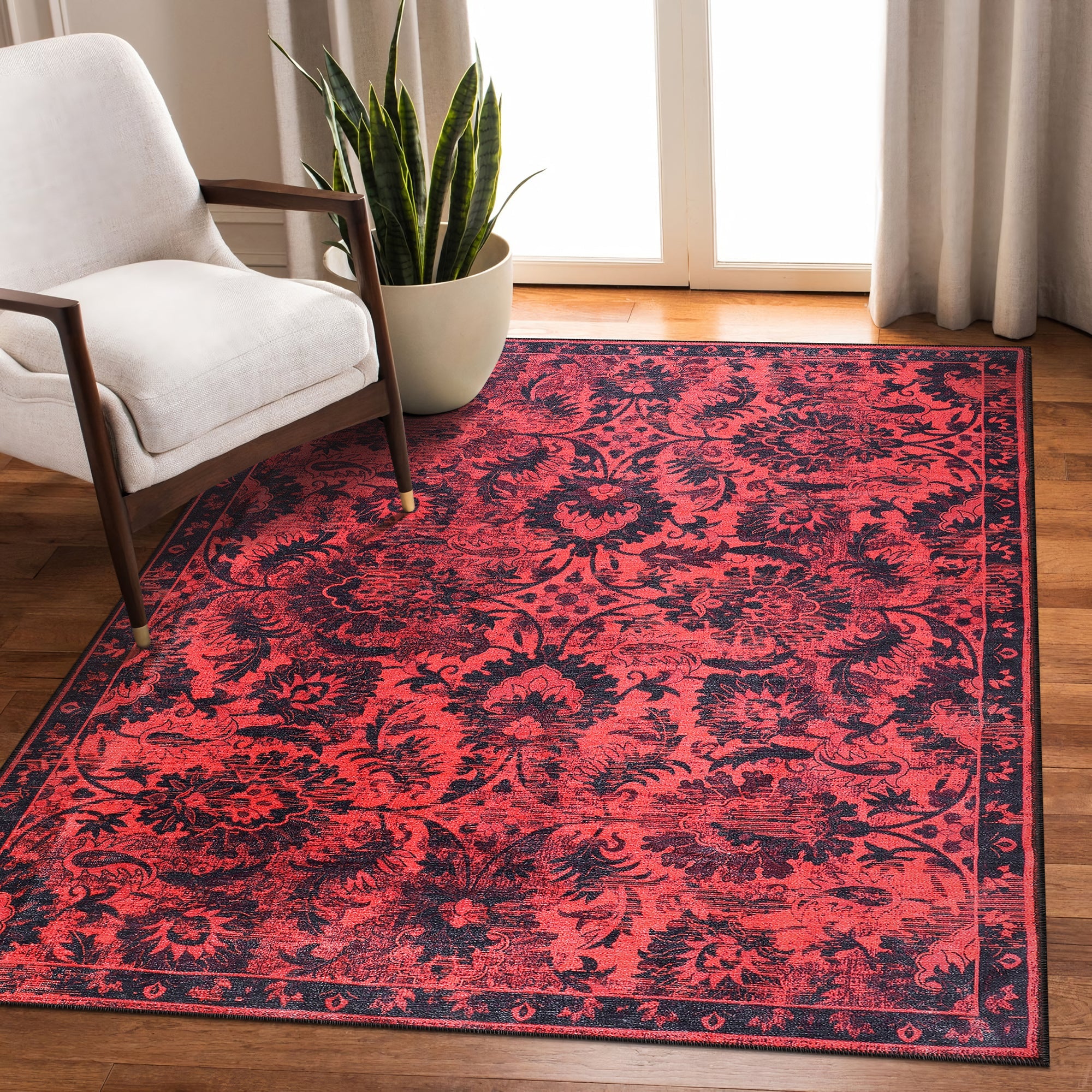 Netline Home Rugs Depot RW1010 – Machine Washable Red Vintage Floral Rug | Damask-Inspired Oriental Carpet for Living Room, Bedroom & Dining