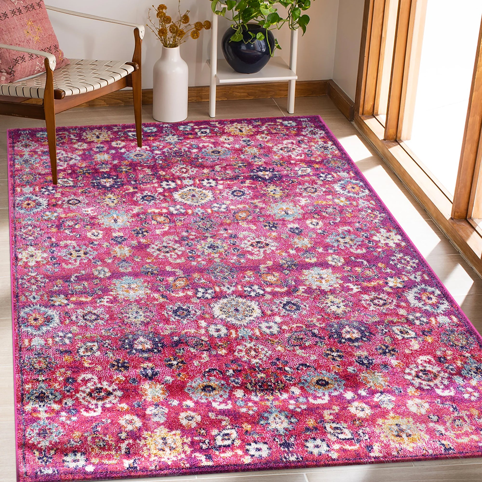 Vintage Area Rug 7653 – Pink Boho Floral Medallion
