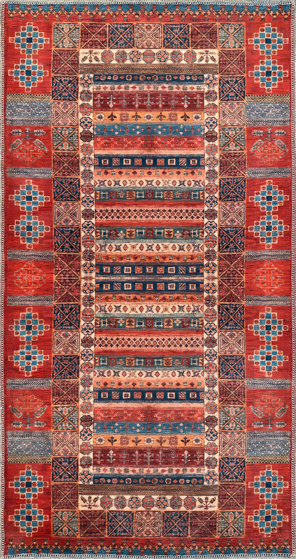 Machine washable Caucasian tribal rug with multicolor striped pattern, ideal for living room and bedroom decor.