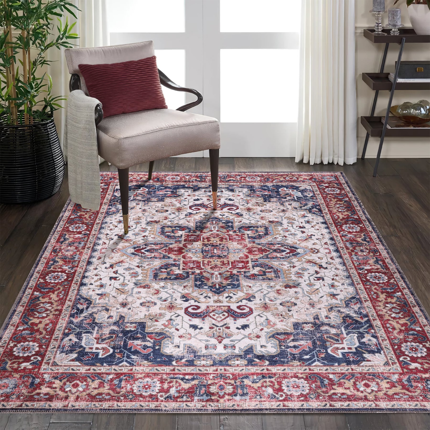 Machine washable Persian Heriz rug with traditional medallion design, perfect for living room, bedroom, or dining area.