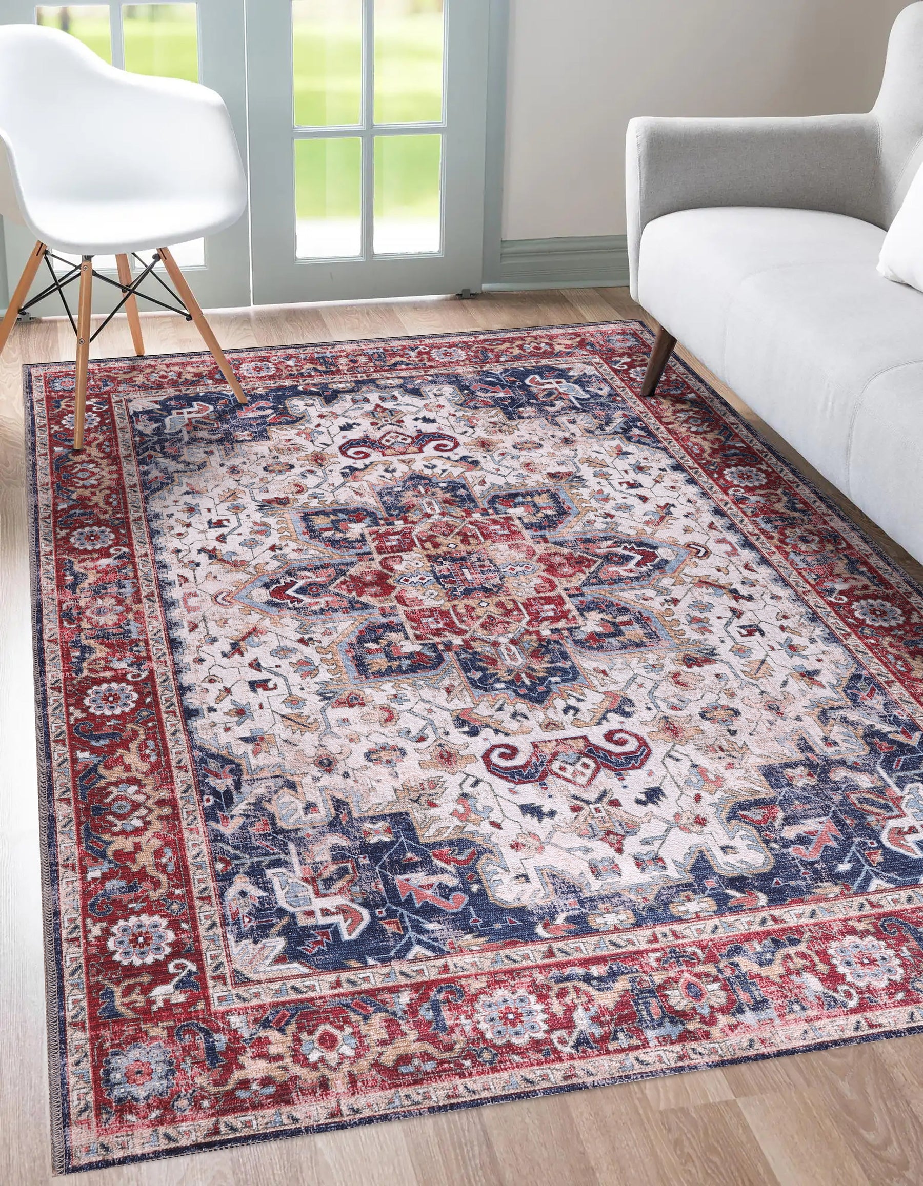 Machine washable Persian Heriz rug with traditional medallion design, suitable for living rooms, bedrooms, and dining areas.