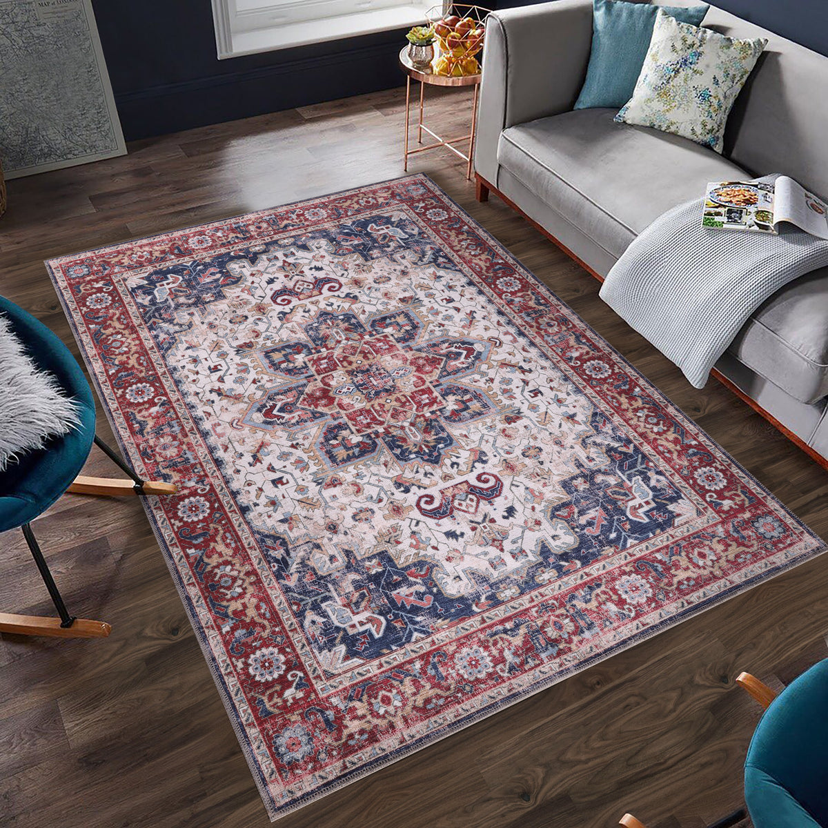 Machine washable Persian Heriz rug by Netline Home featuring a traditional oriental medallion design, ideal for living rooms and bedrooms.