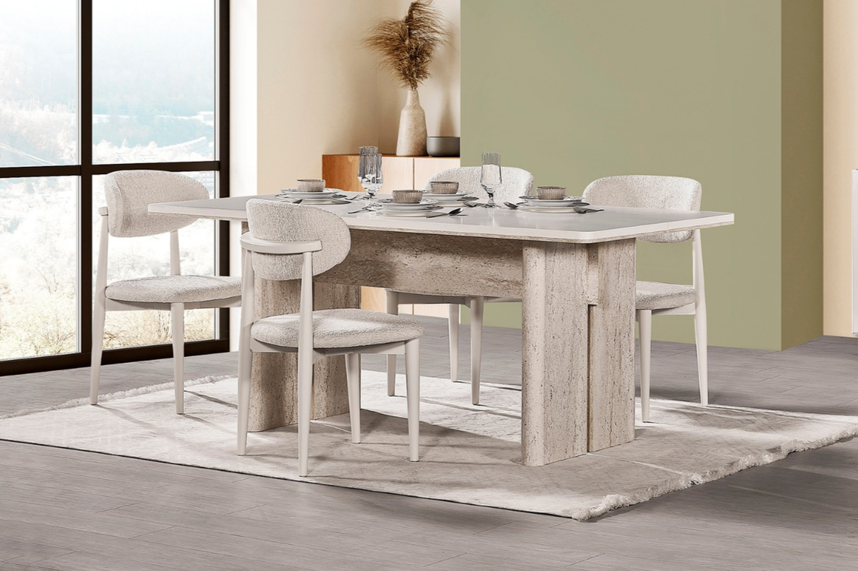 Netline Home Interior Pamukkale dining table with matching chairs, stylish family dining set in a modern kitchen setting.