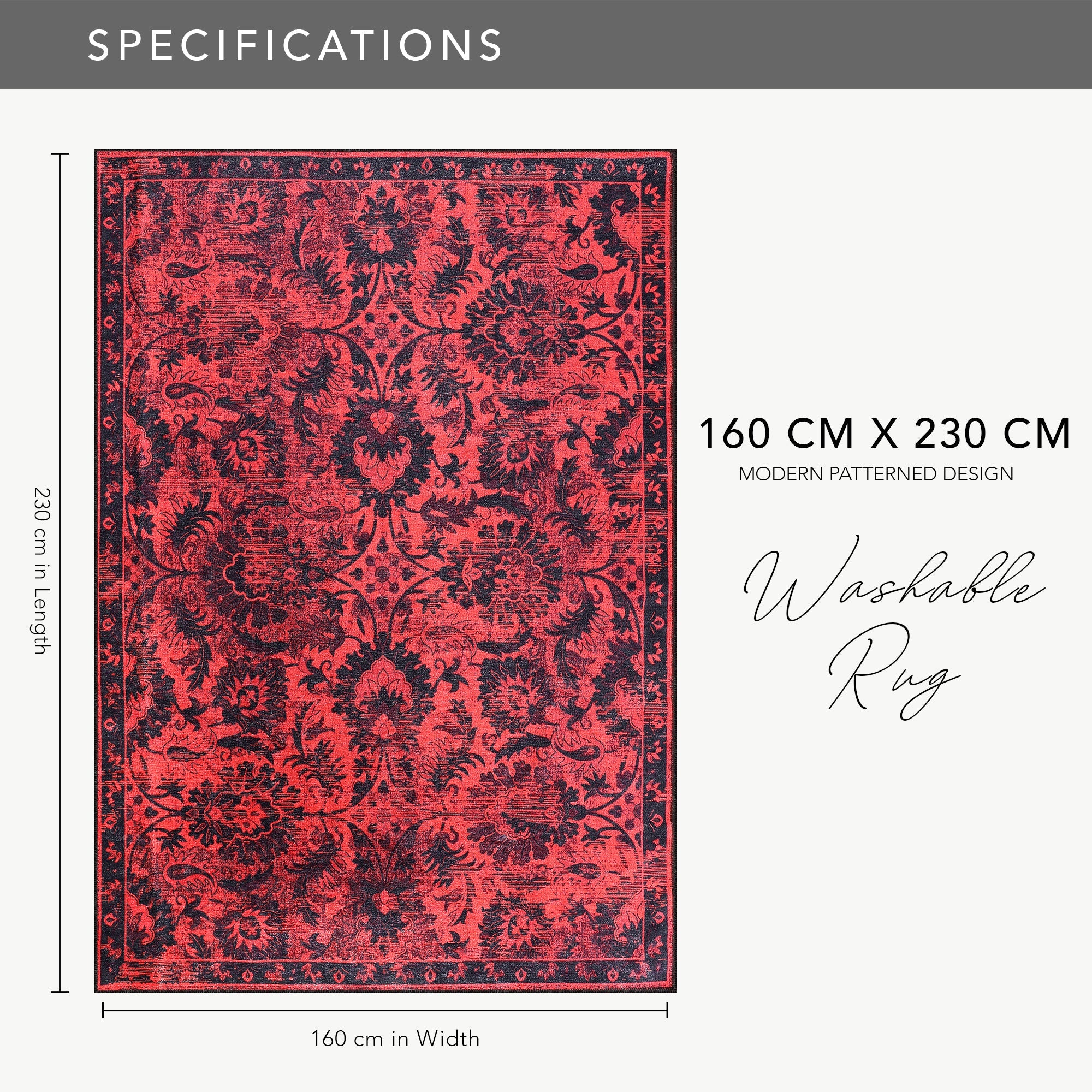 Netline Home Rugs Depot RW1010 – Machine Washable Red Vintage Floral Rug | Damask-Inspired Oriental Carpet for Living Room, Bedroom & Dining