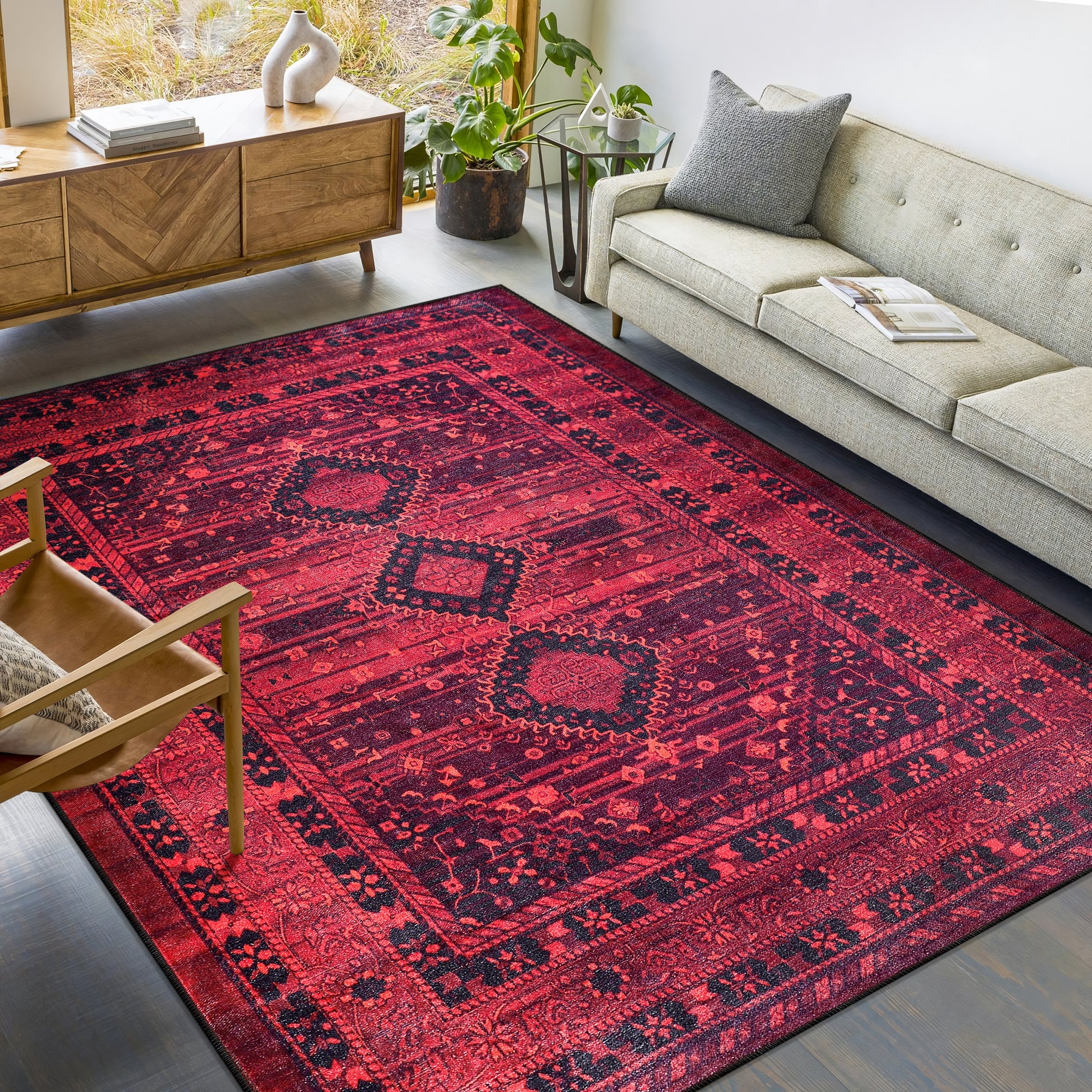 Netline Home Rugs Depot RW1009 – Machine Washable Red Tribal Medallion Rug | Oriental Geometric Carpet for Living Room, Bedroom & Office
