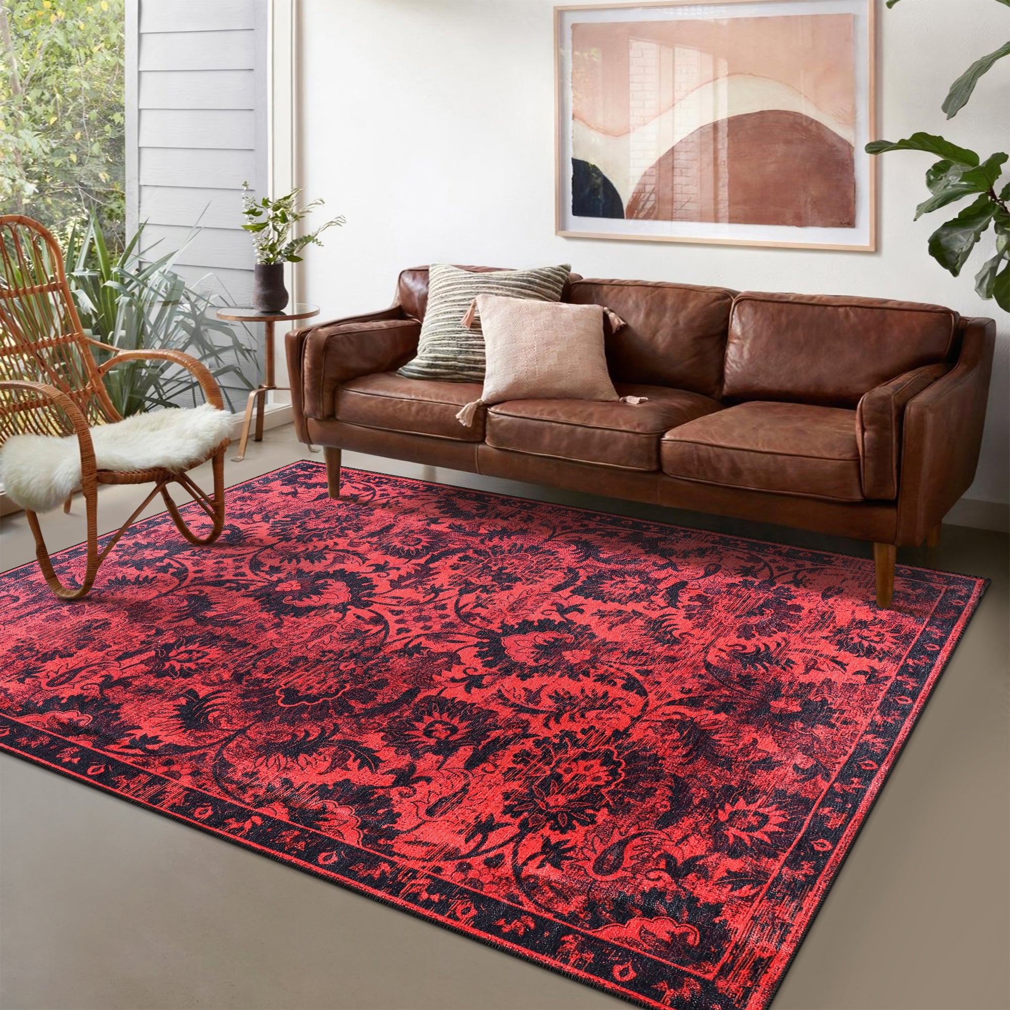 Netline Home Rugs Depot RW1010 – Machine Washable Red Vintage Floral Rug | Damask-Inspired Oriental Carpet for Living Room, Bedroom & Dining