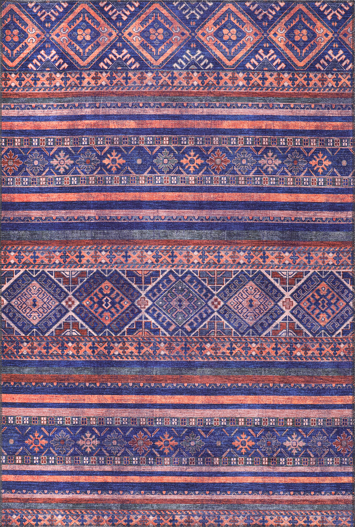 Patterned rug with blue and orange stripes and geometric designs.