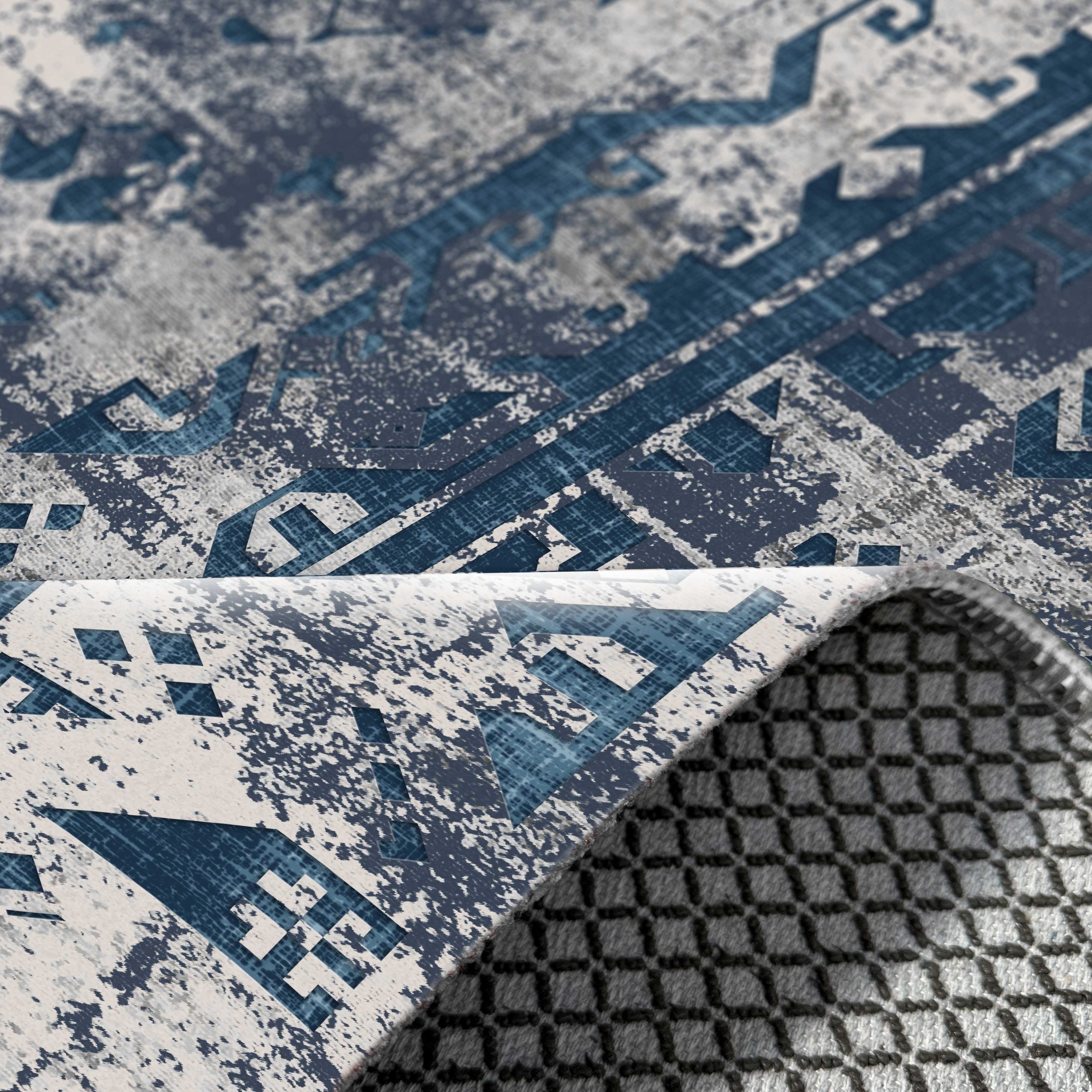 Netline Home Blue Navy Geometric Modern Kitchen Machine Washable Chenille Rug Design NH7164 - Gallery Image 5 - Netline Home