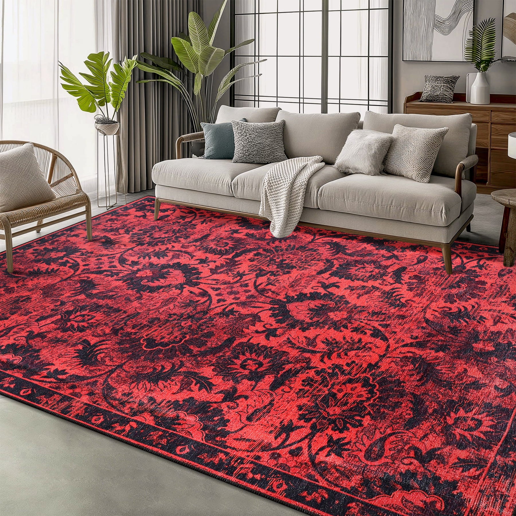 Machine washable red vintage floral rug by Netline Home, damask-inspired oriental carpet for living room, bedroom, or dining space.