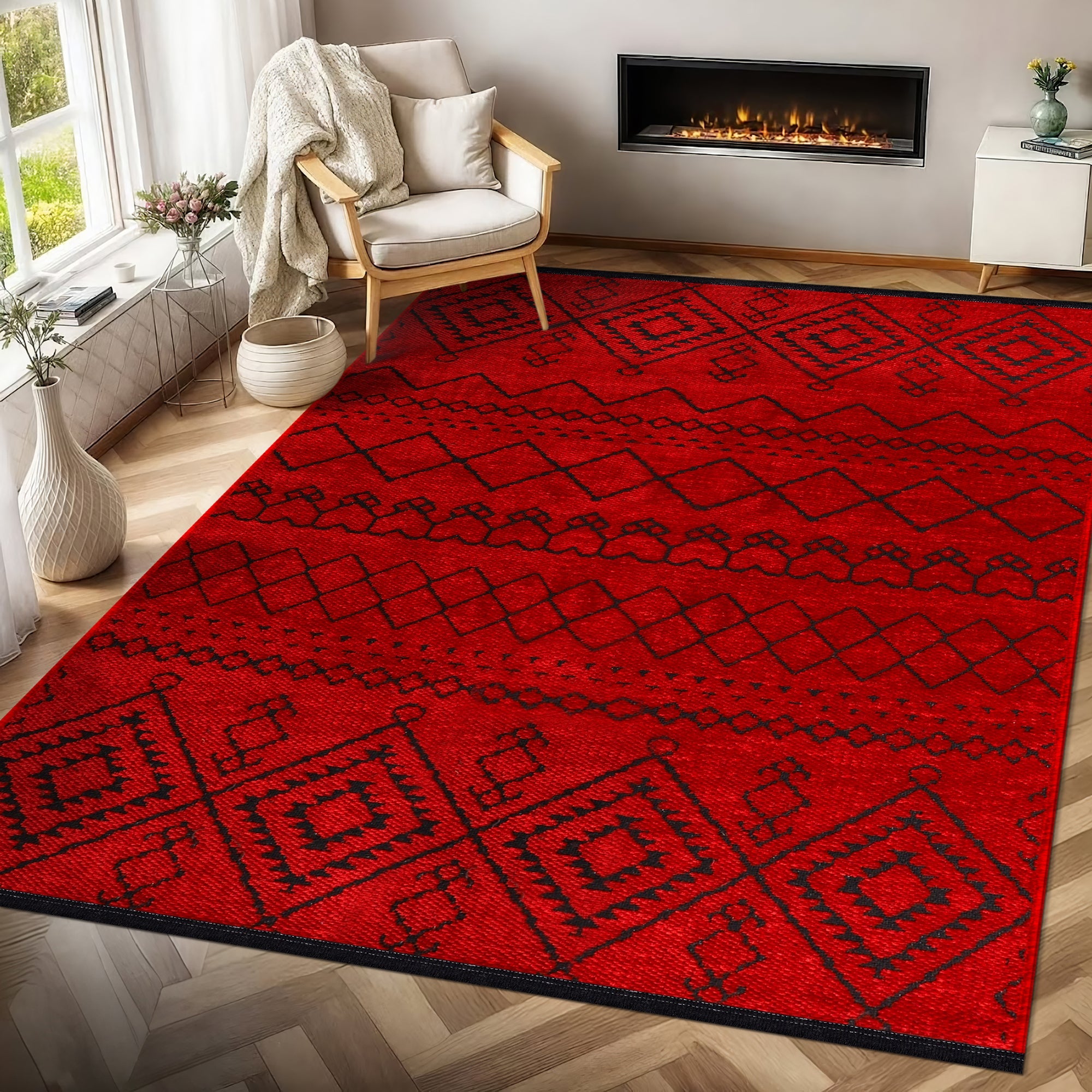 Netline Home Machine Washable Rug RW1801 – RED Soft Chenille