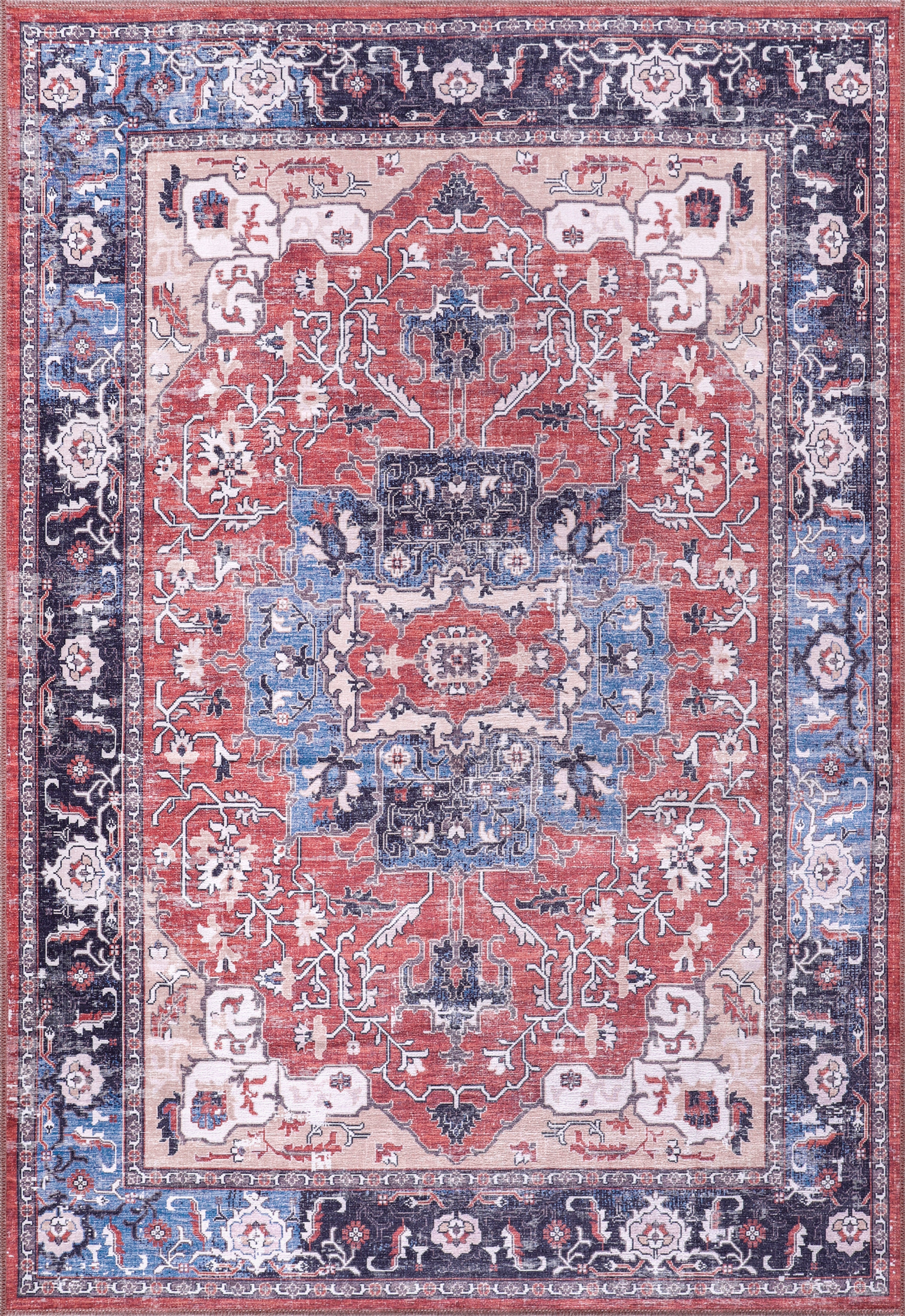 Decorative rug with intricate patterns in red, blue, and beige.