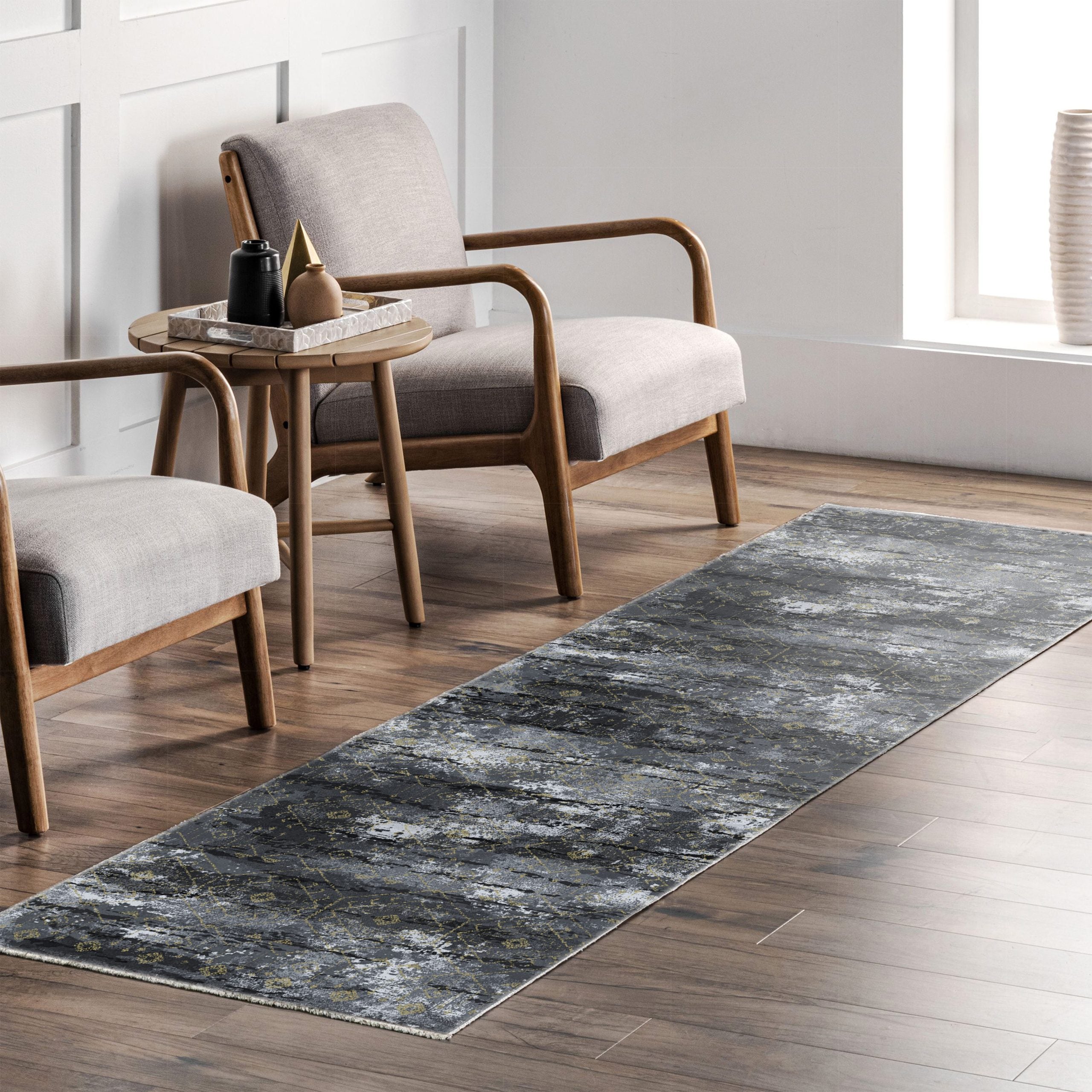 Netline Home Yellow Gold Black Anthracite Modern Machine Washable Chenille Rug Design 2264-01 - Gallery Image 7 - Netline Home