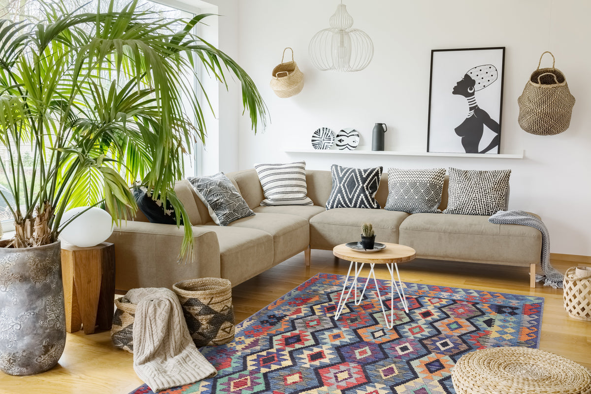 Colorful Kilim Tribal geometric washable rug by Netline Home with machine washable chenille surface and non-slip cotton backing.