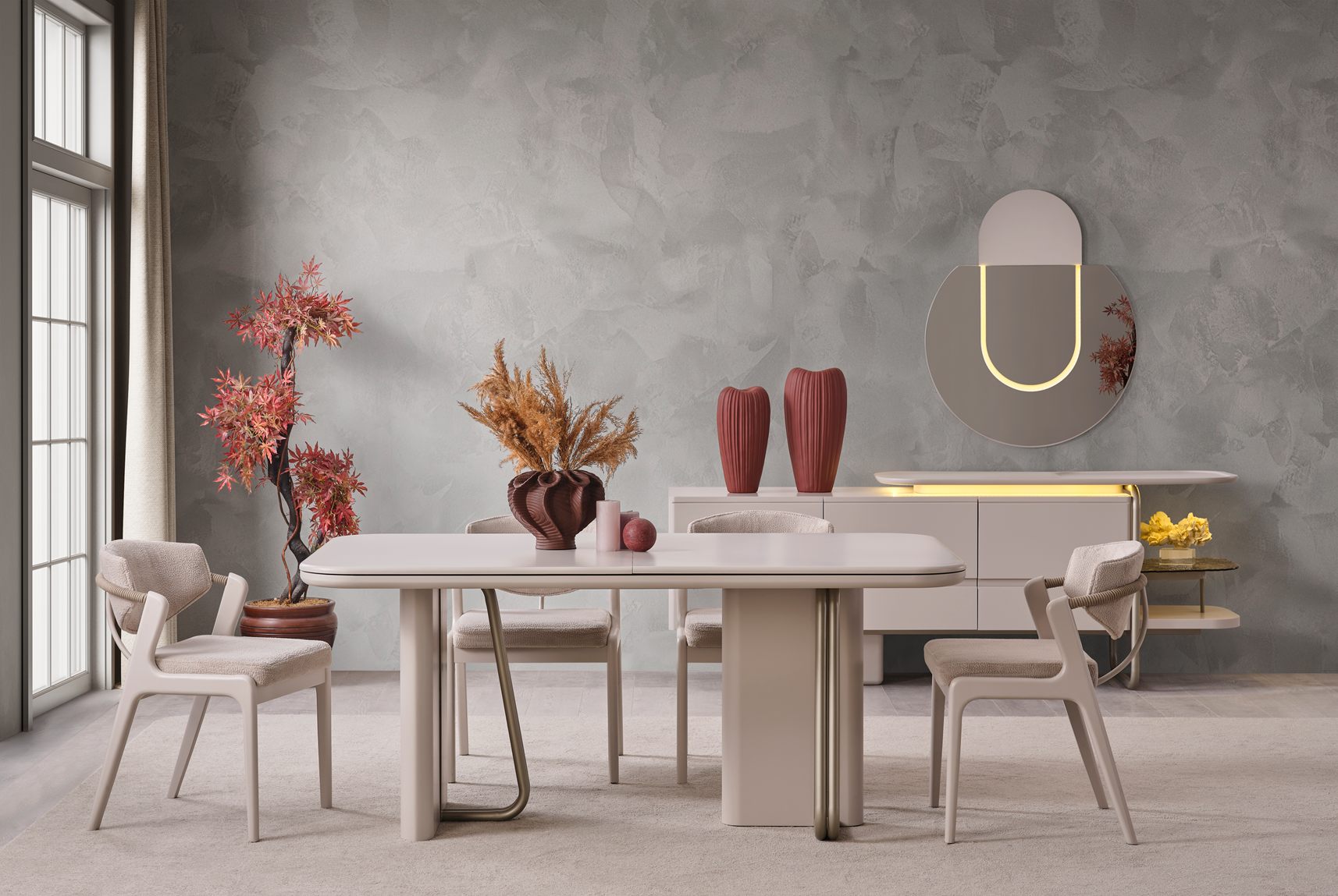 Modern Vegas dining table with matching chairs from Netline Home Interior, perfect for stylish family dining spaces.