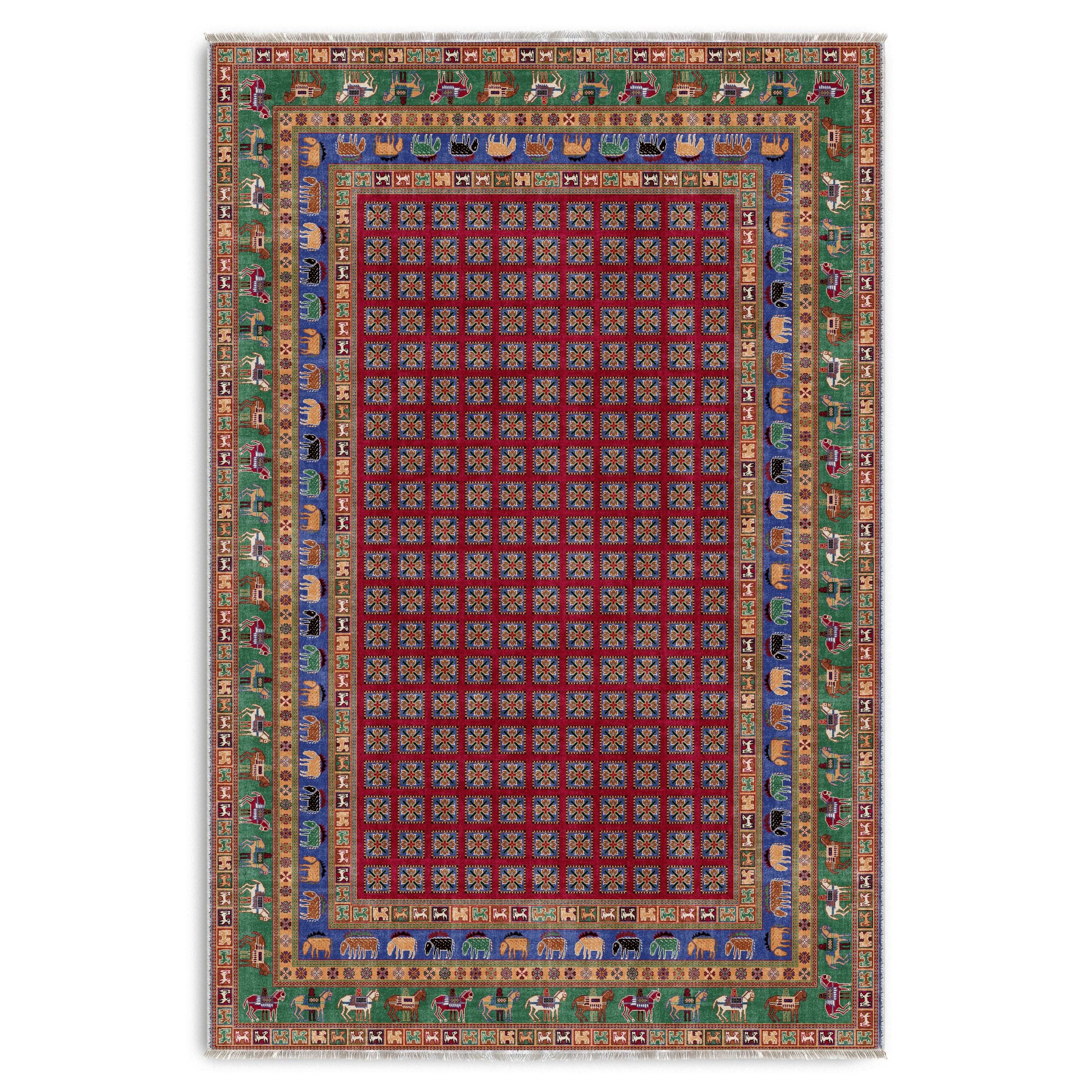 Netline Home Red Burgundy Blue Navy Green Khaki Classic Vintage Machine Washable Chenille Rug Design NH7128 - Hilltop Photoshoot - Netline Home