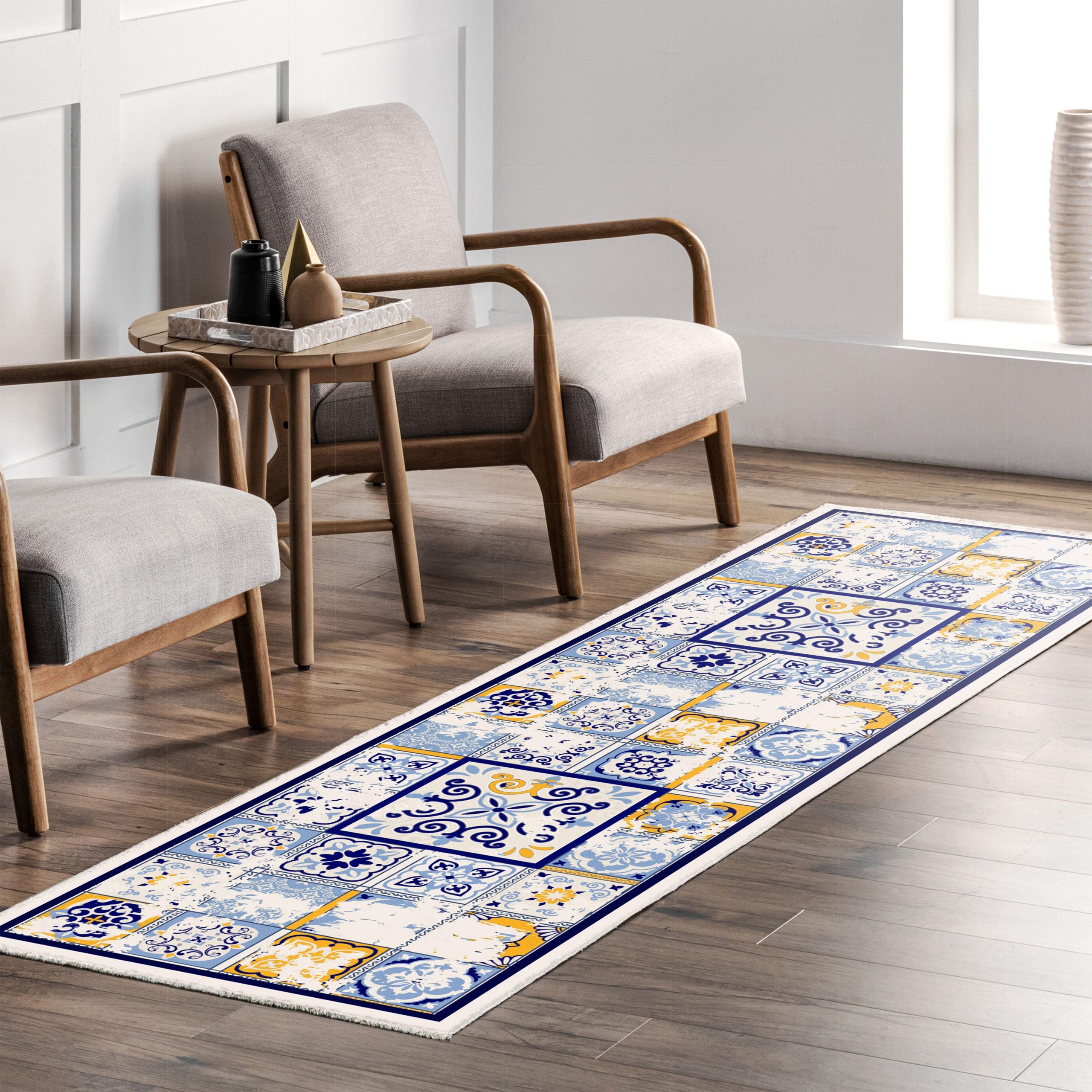 Netline Home Blue Navy Yellow Gold Ethnic Machine Washable Chenille Rug Design 406-01 - Gallery Image 7 - Netline Home