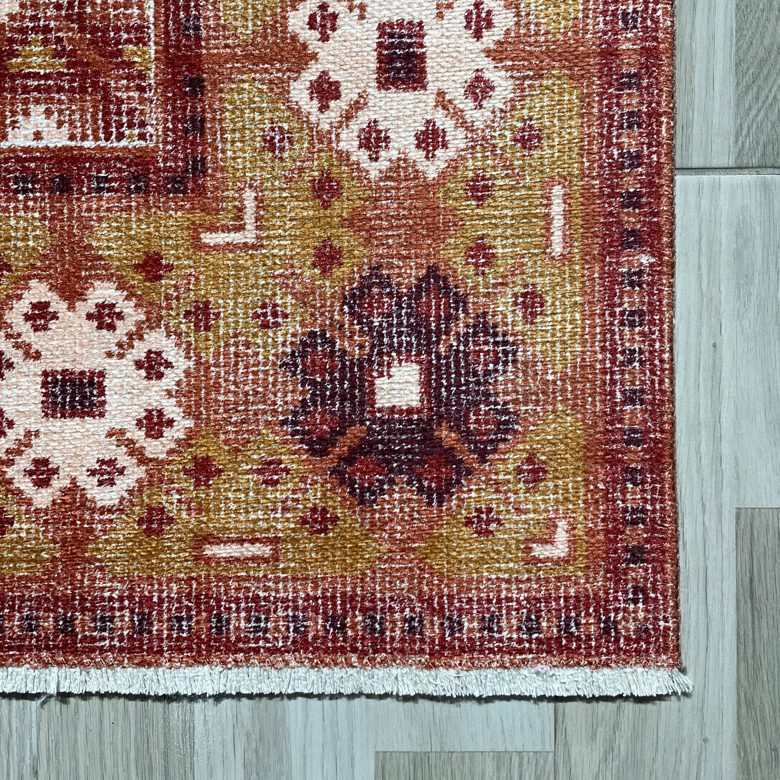 Netline Home Orange Terracotta Ethnic Machine Washable Chenille Rug Design NH7064 - Detailed Photoshoot - Netline Home