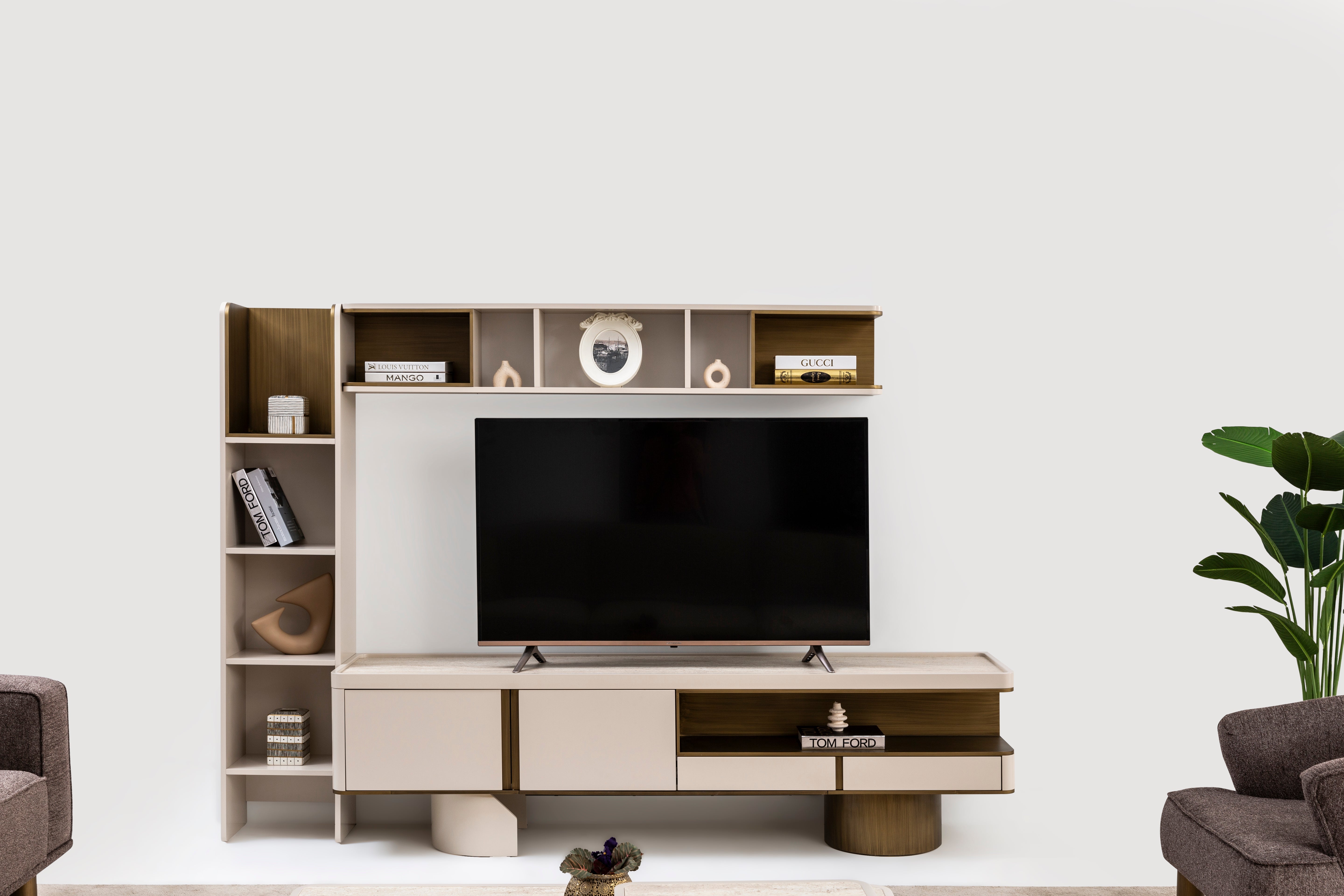 Contemporary Barcelona TV unit by Netline Home Interior featuring sleek media storage with open and closed compartments.