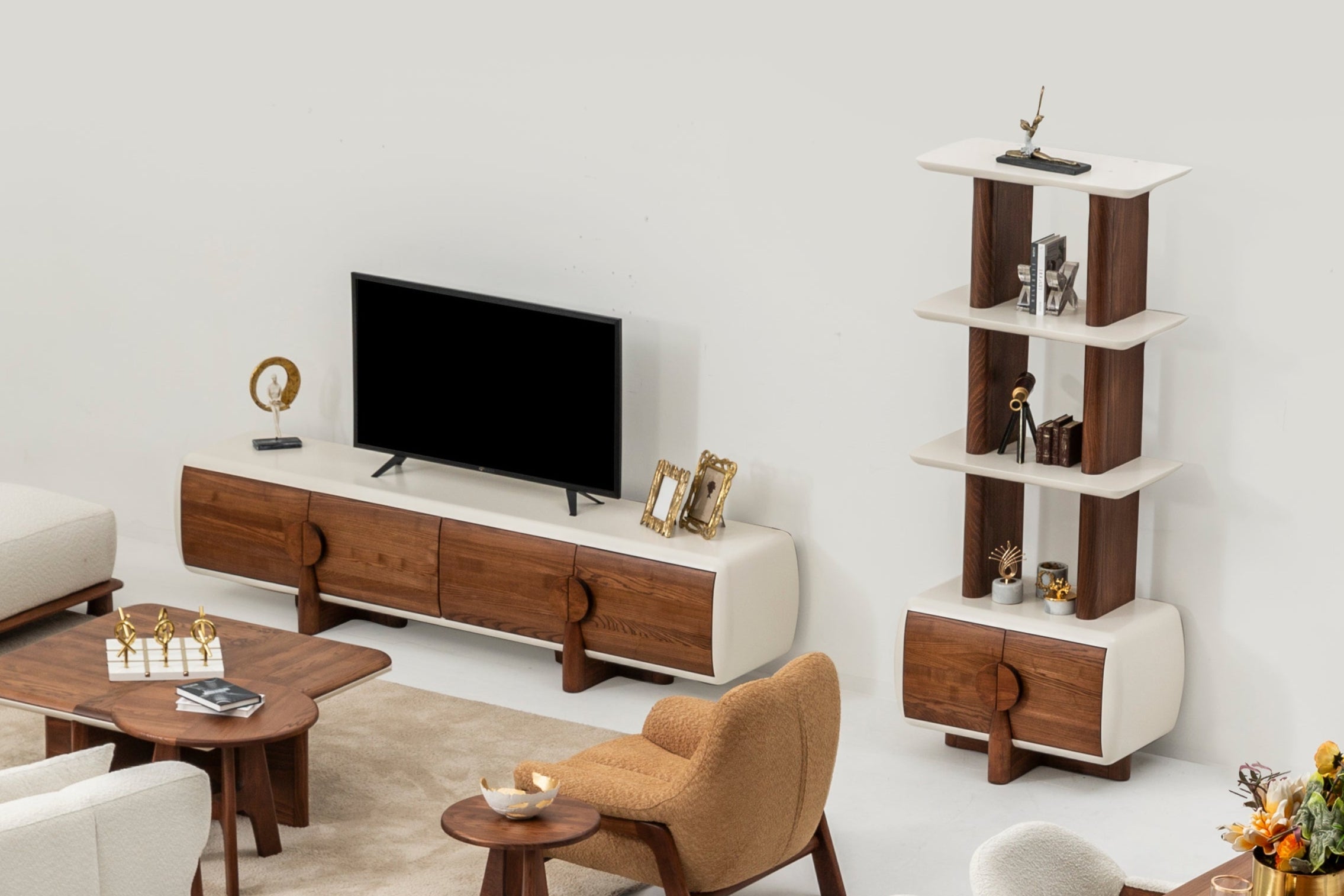 Contemporary Corvette TV unit by Netline Home Interior with open shelves and storage compartments for media devices.