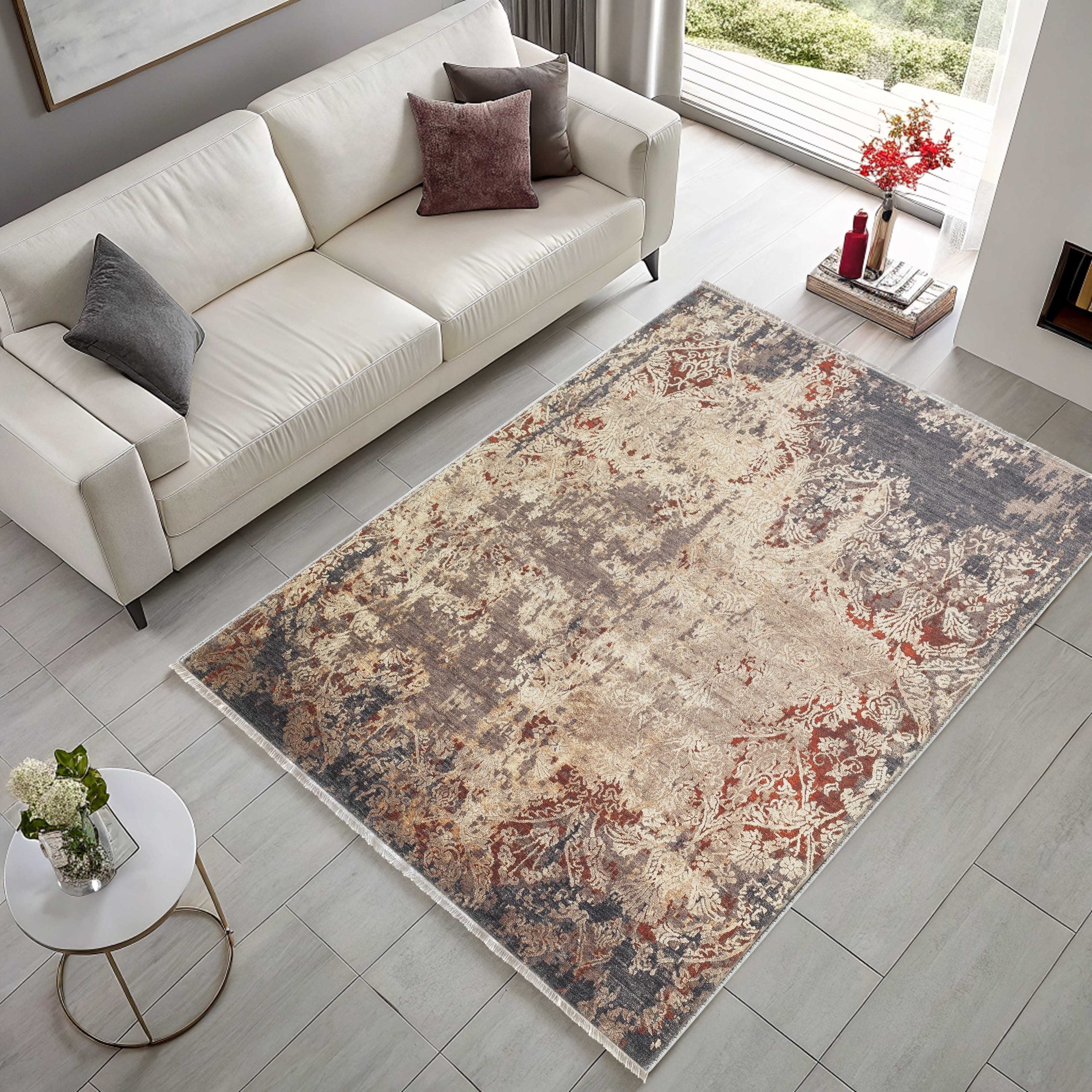 Netline Home Gray Silver Mink Brown Ethnic Classic Vintage Machine Washable Chenille Rug Design NH7158 - Detailed Photoshoot - Netline Home