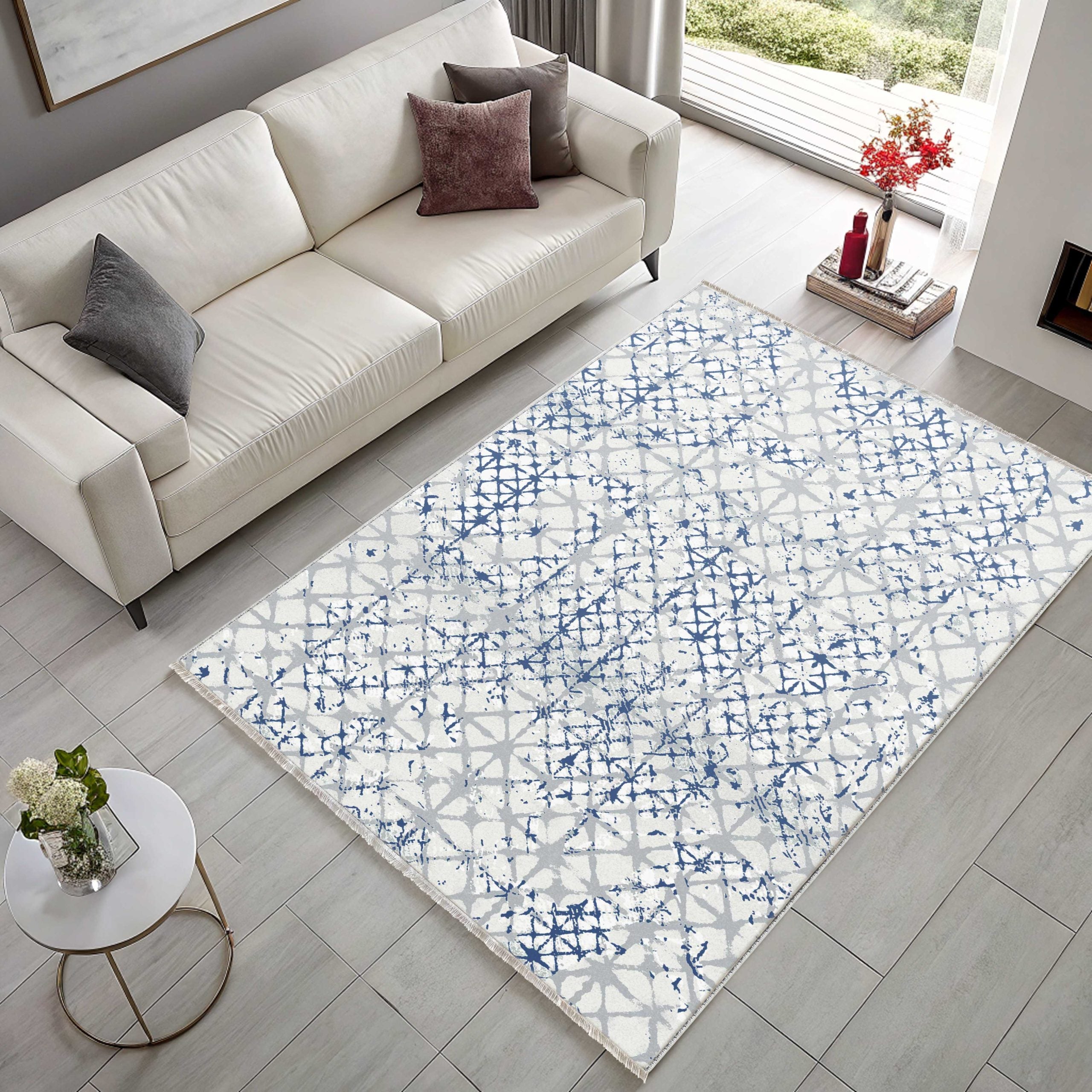 Netline Home Blue Navy Geometric Modern Kitchen Machine Washable Chenille Rug Design NH7159 - Detailed Photoshoot - Netline Home