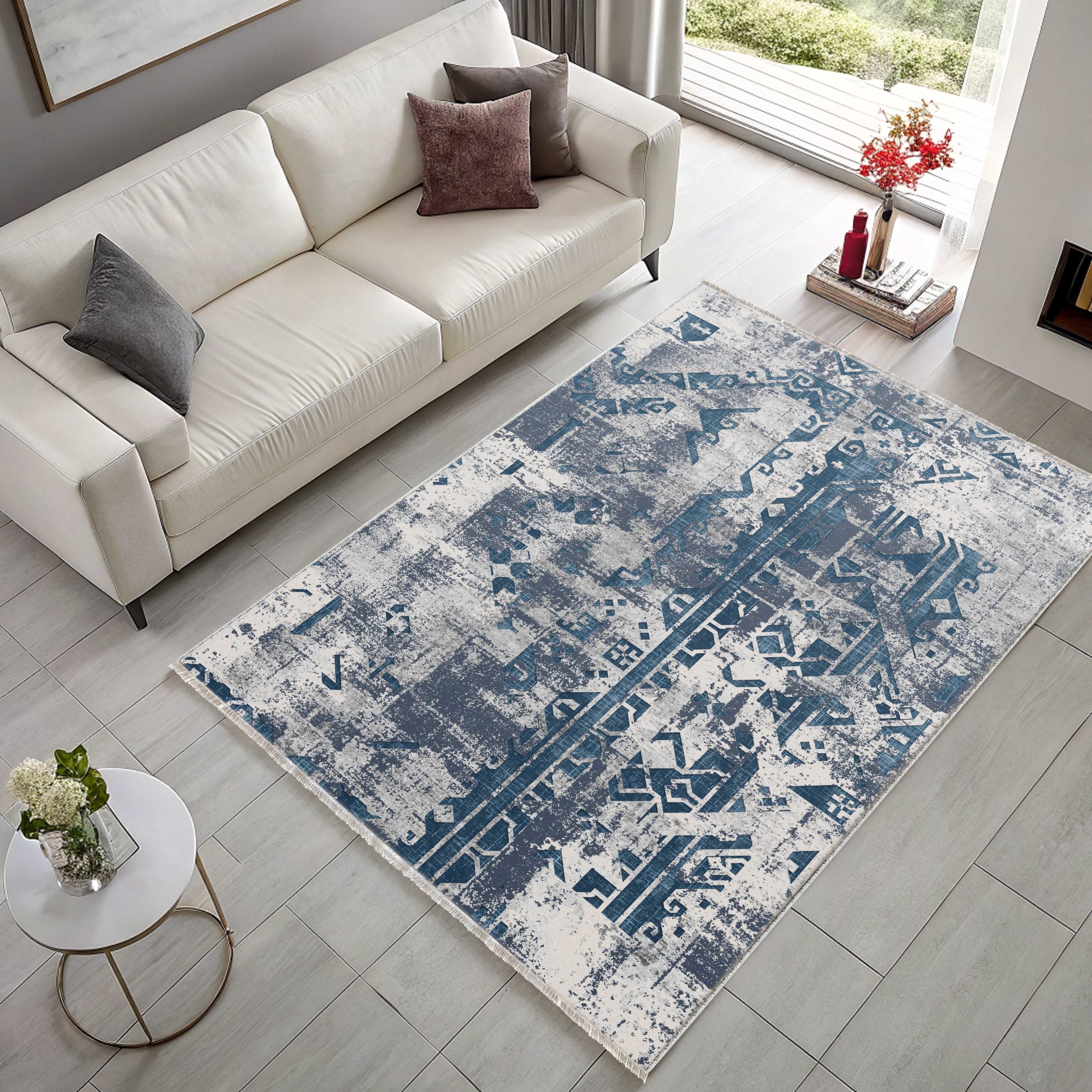 Netline Home Blue Navy Geometric Modern Kitchen Machine Washable Chenille Rug Design NH7164 - Detailed Photoshoot - Netline Home