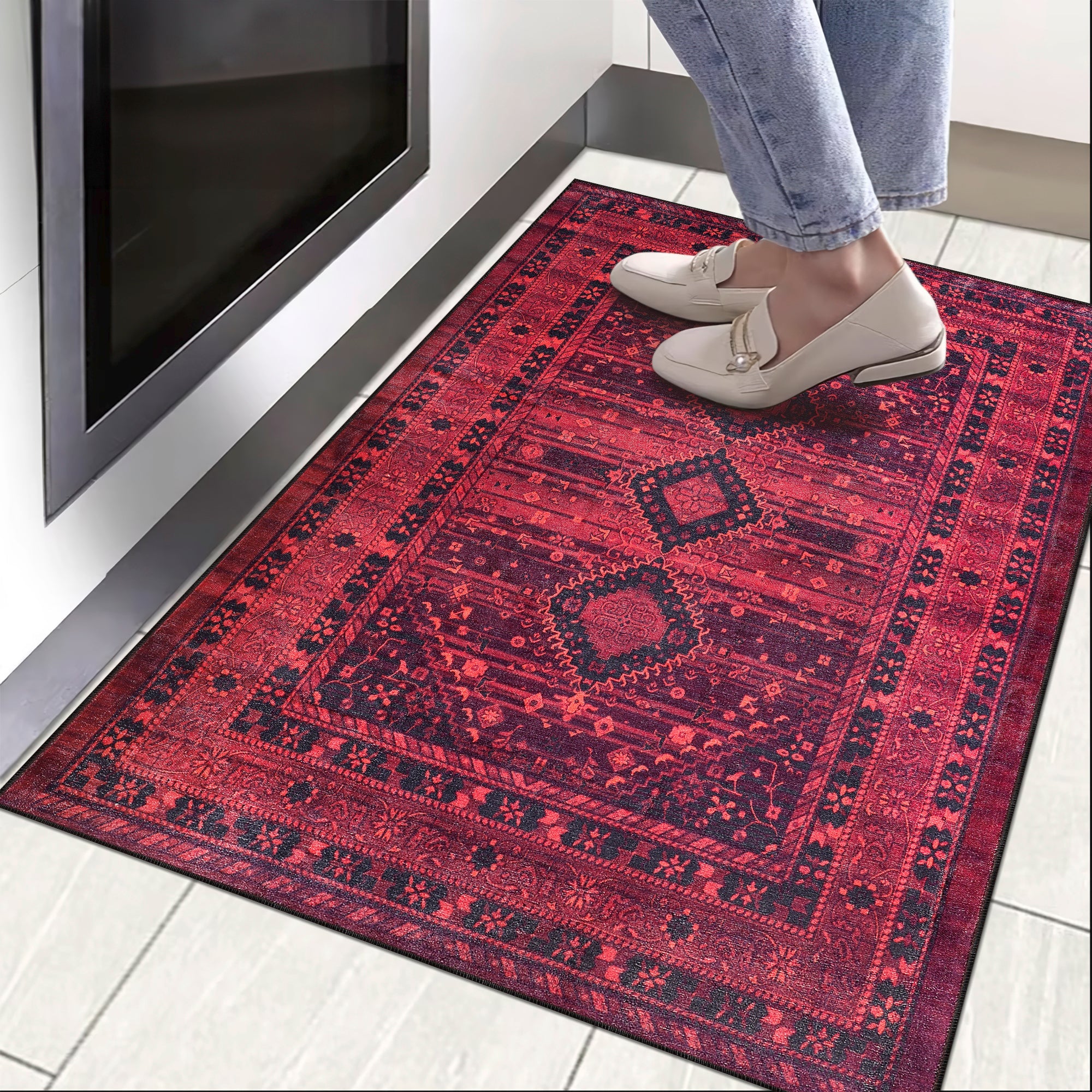 Netline Home Rugs Depot RW1009 – Machine Washable Red Tribal Medallion Rug | Oriental Geometric Carpet for Living Room, Bedroom & Office