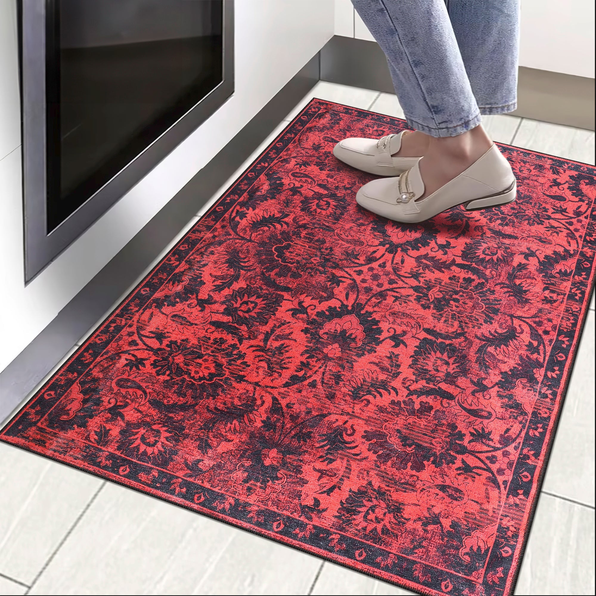 Netline Home Rugs Depot RW1010 – Machine Washable Red Vintage Floral Rug | Damask-Inspired Oriental Carpet for Living Room, Bedroom & Dining