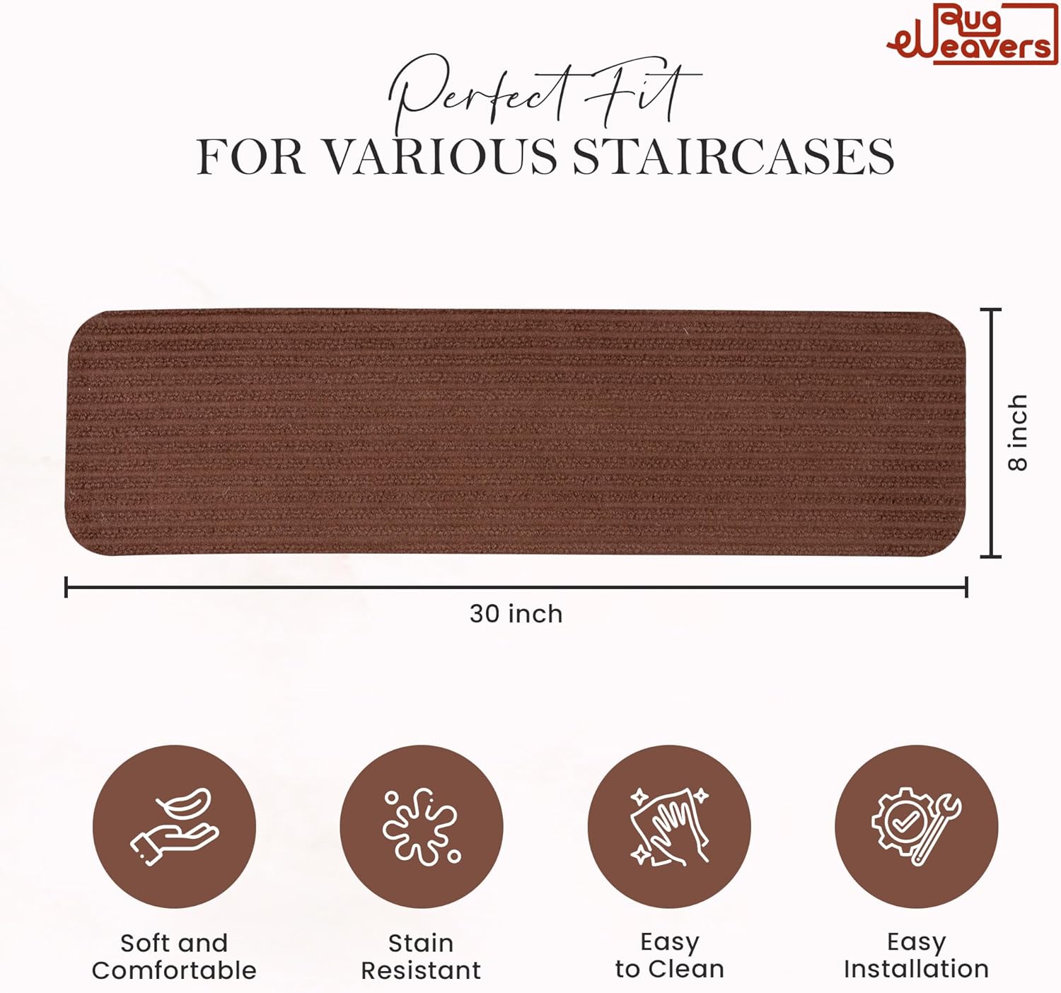 Brown non-slip carpet stair treads by Netline Home, self-adhesive runner rug pads for safety on stairs for kids and pets.