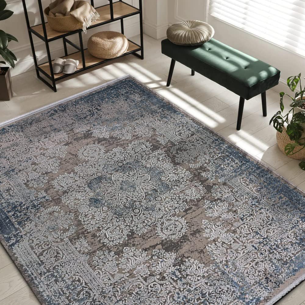 Area Rugs For Living Room, Bedroom, Dining Room, Kitchen | Oriental Design Carpet | Acrylic Rug | Soft Medium Pile | Stain Resistant | 160 X 230 CM (CREAM BLUE GOLD)