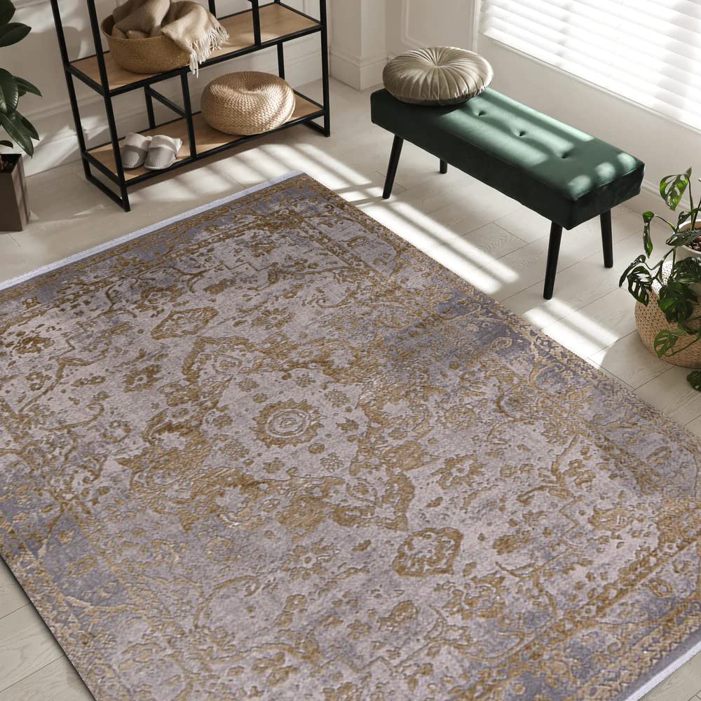 Area Rugs For Living Room, Bedroom, Dining Room, Kitchen | Oriental Design Carpet | Acrylic Rug | Soft Medium Pile | Stain Resistant | 160 X 230 CM (CREAM BLUE GOLD)