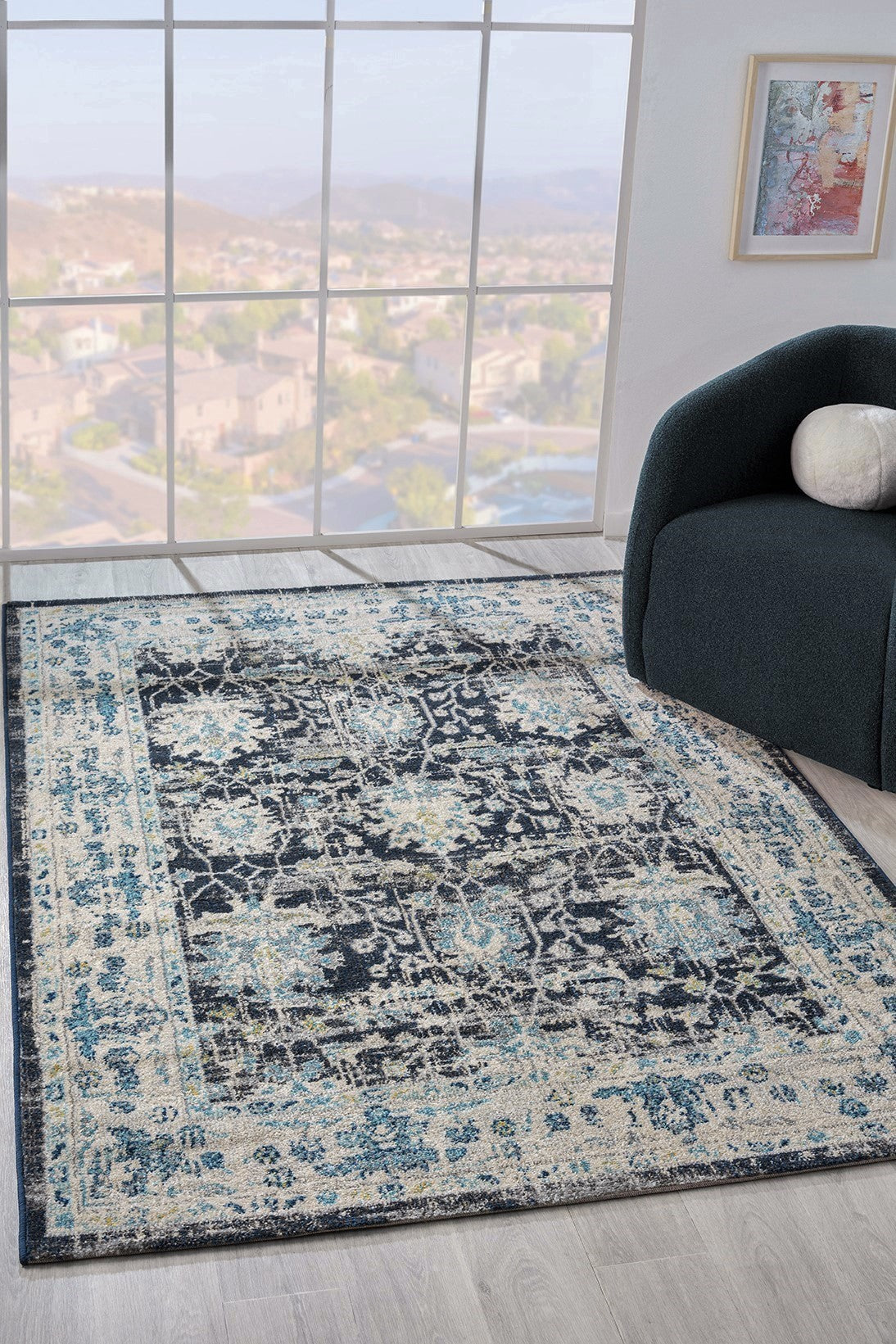 Vintage Area Rug 7652 – Blue Navy Distressed Floral