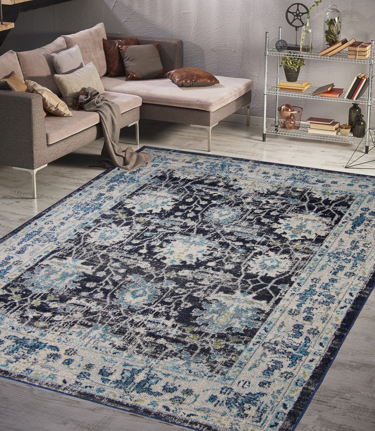 Vintage Area Rug 7652 – Blue Navy Distressed Floral