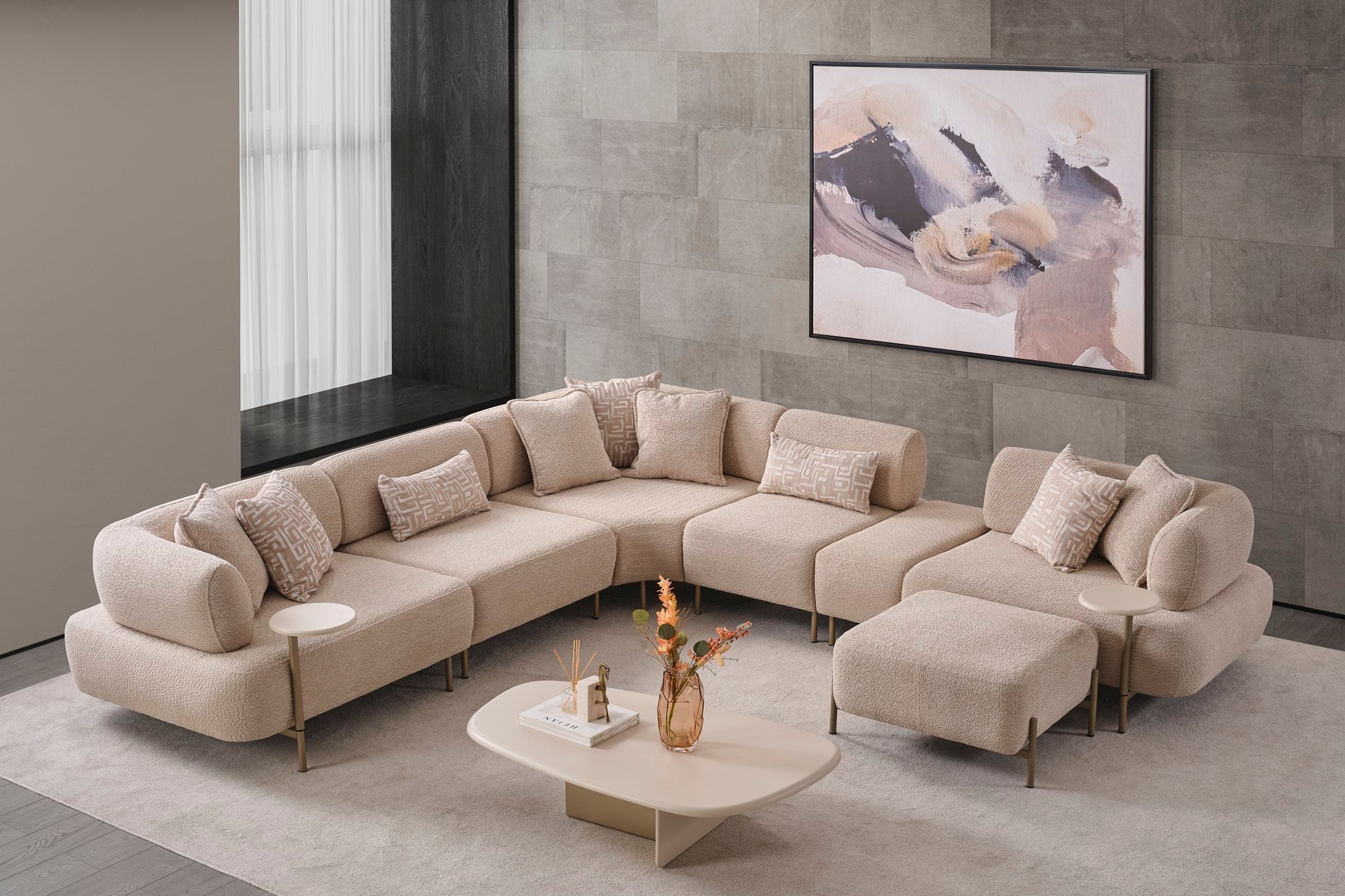Netline Home Interior Lizbon Corner Sofa showing a spacious, modern lounge with plush cushions and a neutral fabric finish.