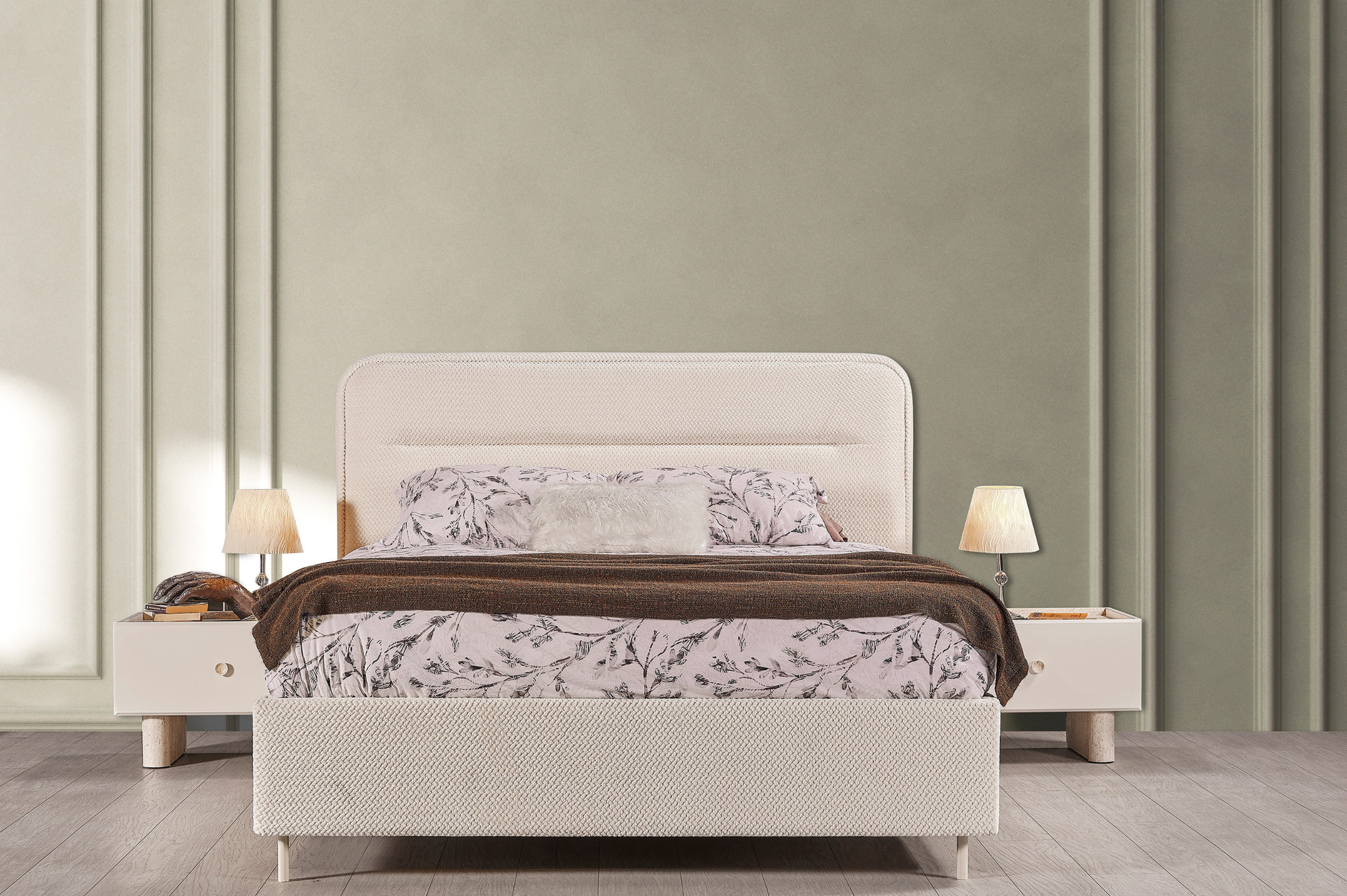 Netline Home Interior Pamukkale Bedroom Set with a modern bed frame, matching nightstands, and stylish bedroom decor in a serene bedroom scene.