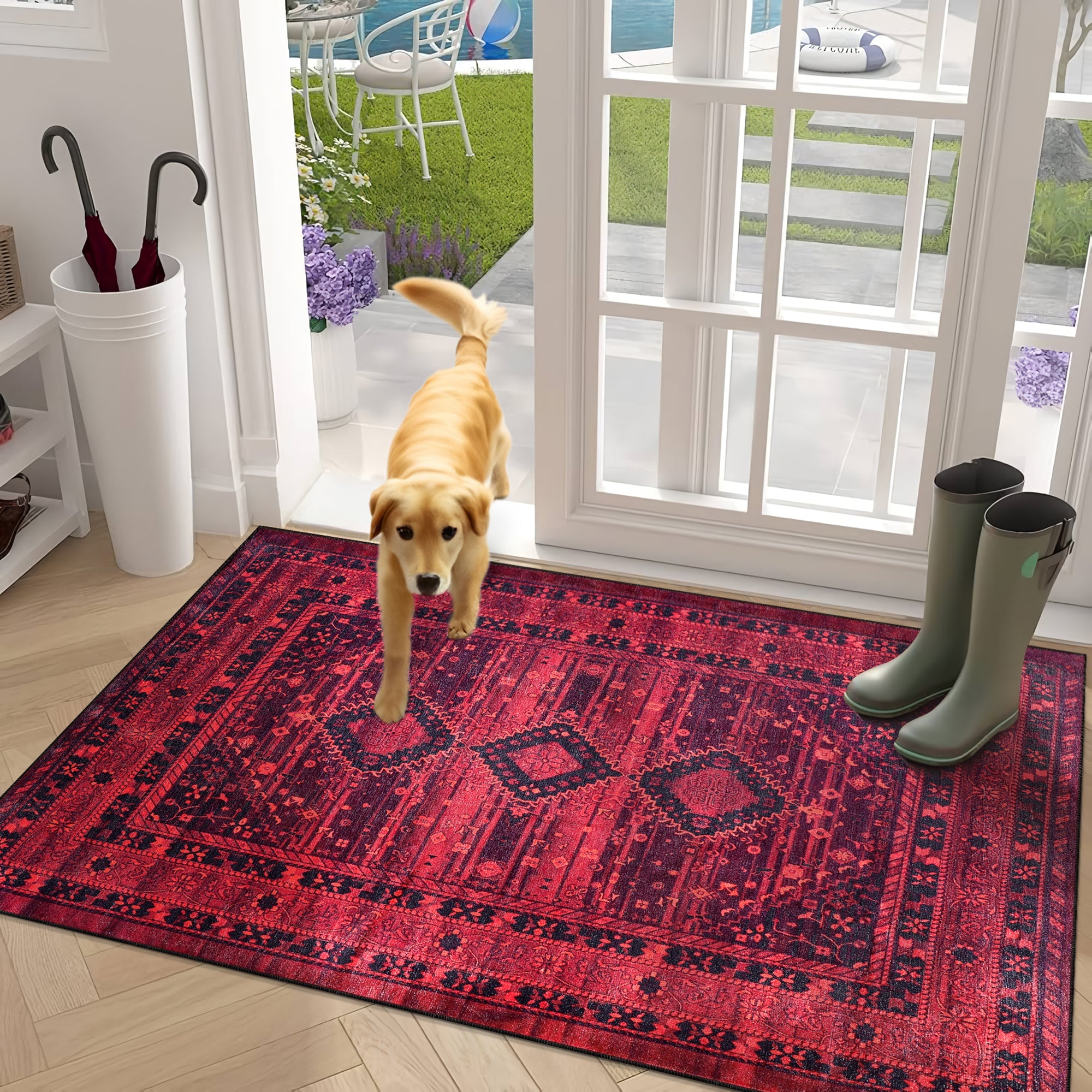 Netline Home Rugs Depot RW1009 – Machine Washable Red Tribal Medallion Rug | Oriental Geometric Carpet for Living Room, Bedroom & Office