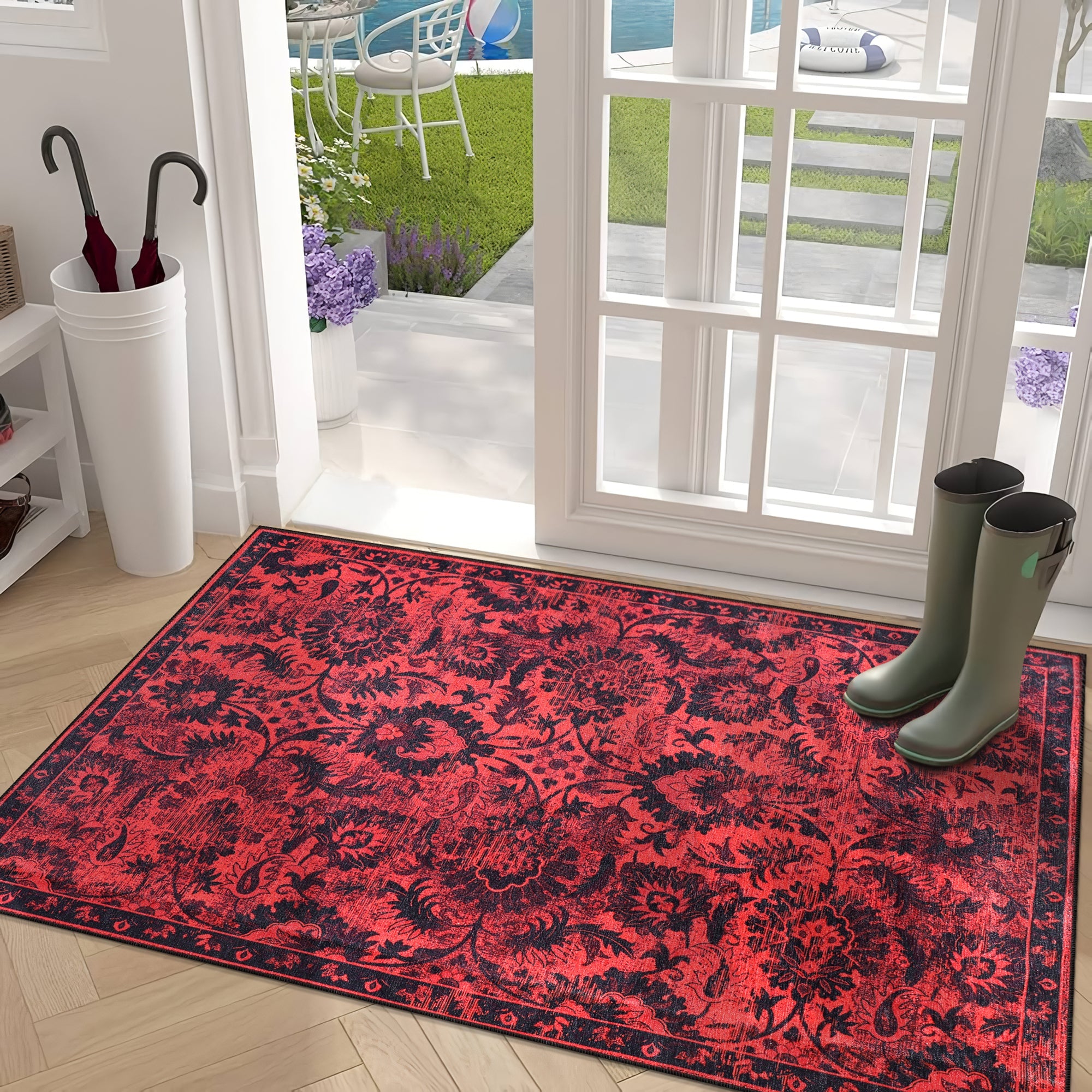 Netline Home Rugs Depot RW1010 – Machine Washable Red Vintage Floral Rug | Damask-Inspired Oriental Carpet for Living Room, Bedroom & Dining