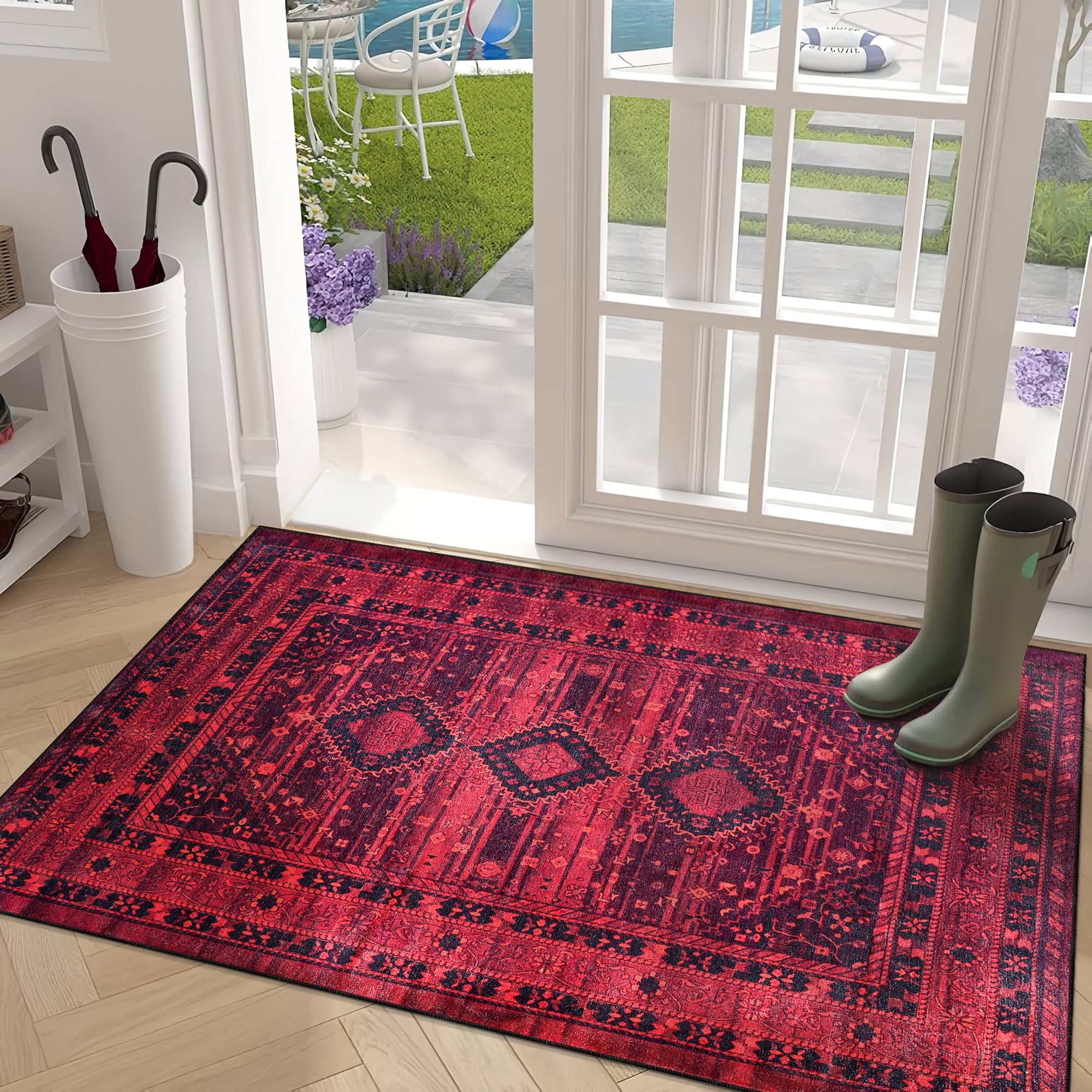 Netline Home Rugs Depot RW1009 – Machine Washable Red Tribal Medallion Rug | Oriental Geometric Carpet for Living Room, Bedroom & Office