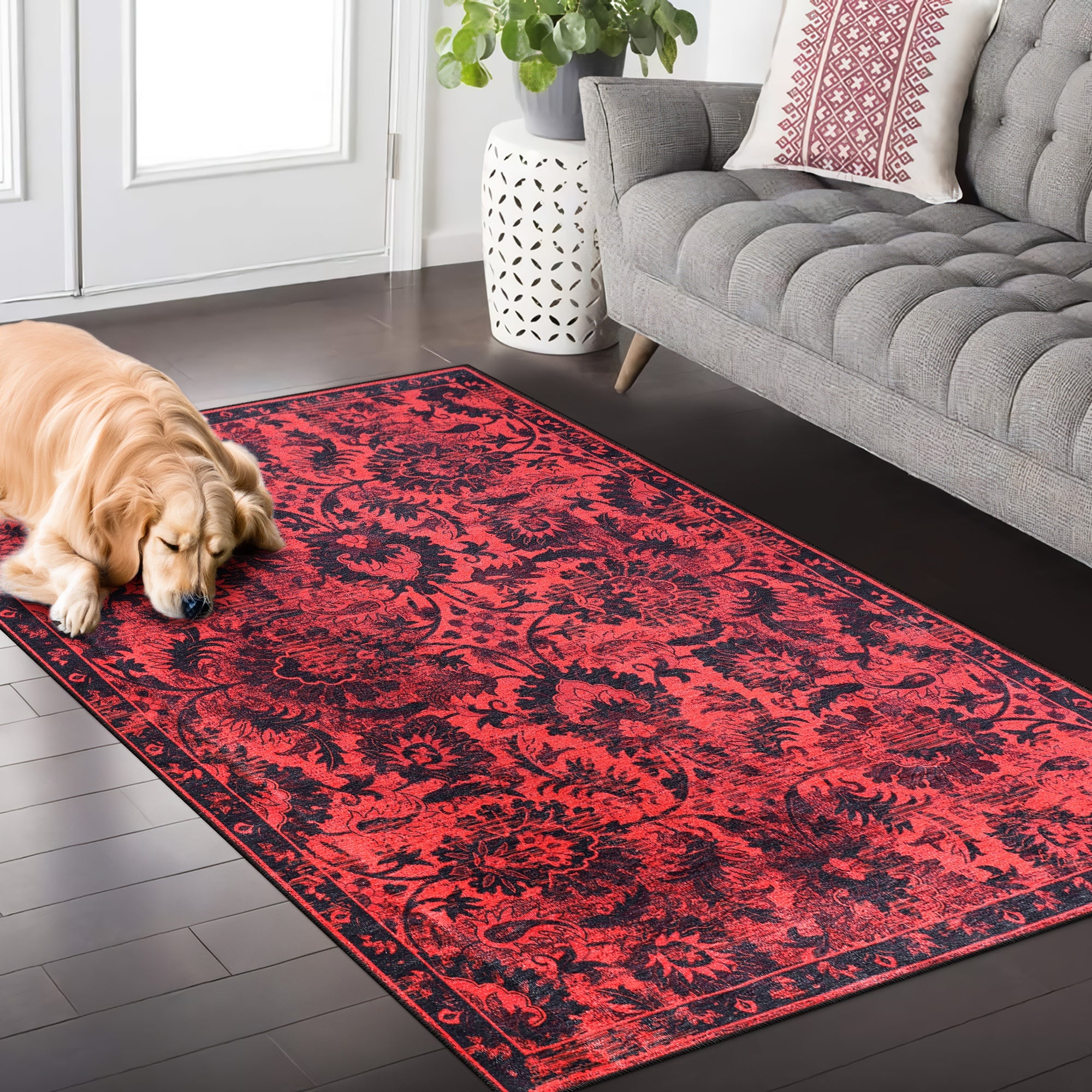 Netline Home Rugs Depot RW1010 – Machine Washable Red Vintage Floral Rug | Damask-Inspired Oriental Carpet for Living Room, Bedroom & Dining