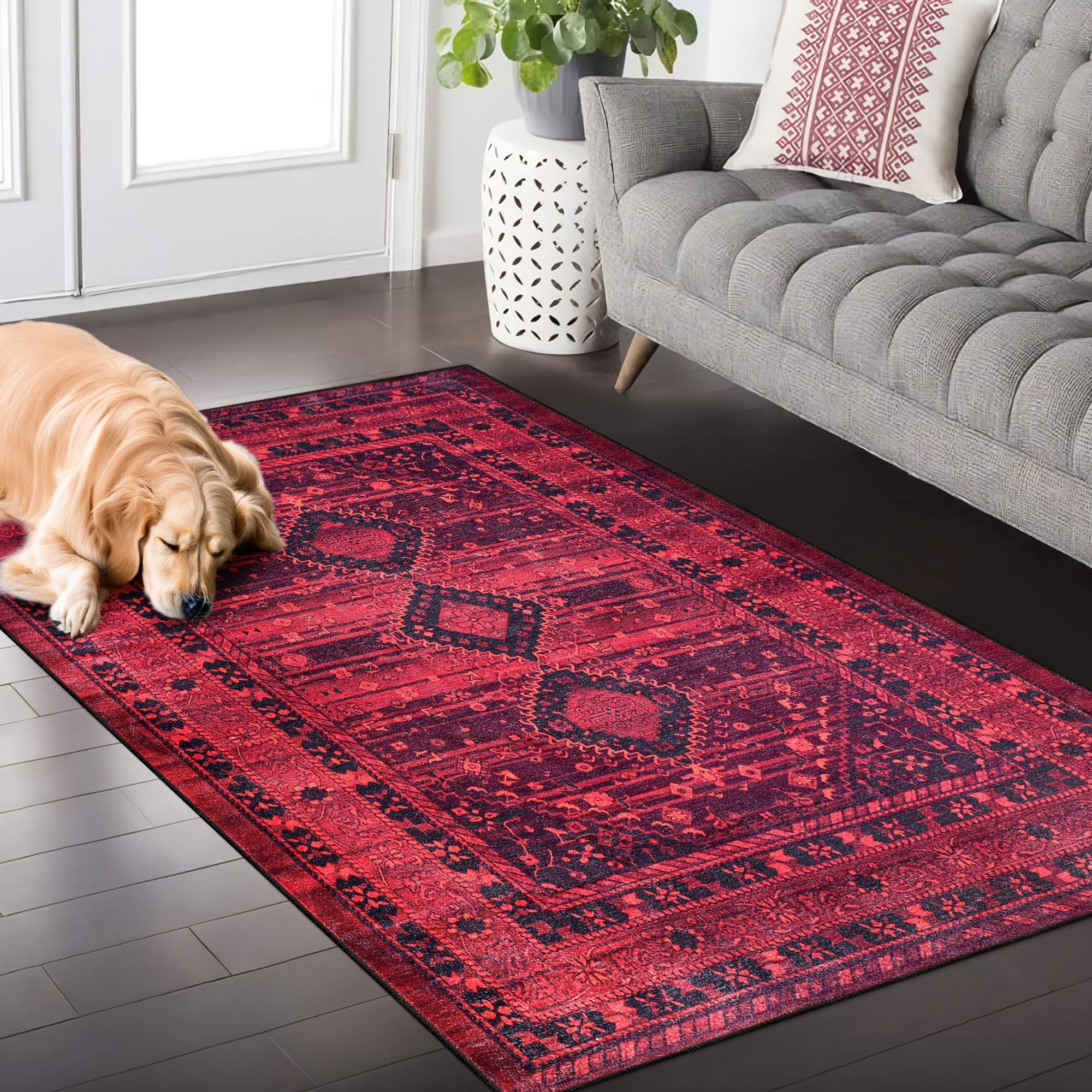 Netline Home Rugs Depot RW1009 – Machine Washable Red Tribal Medallion Rug | Oriental Geometric Carpet for Living Room, Bedroom & Office
